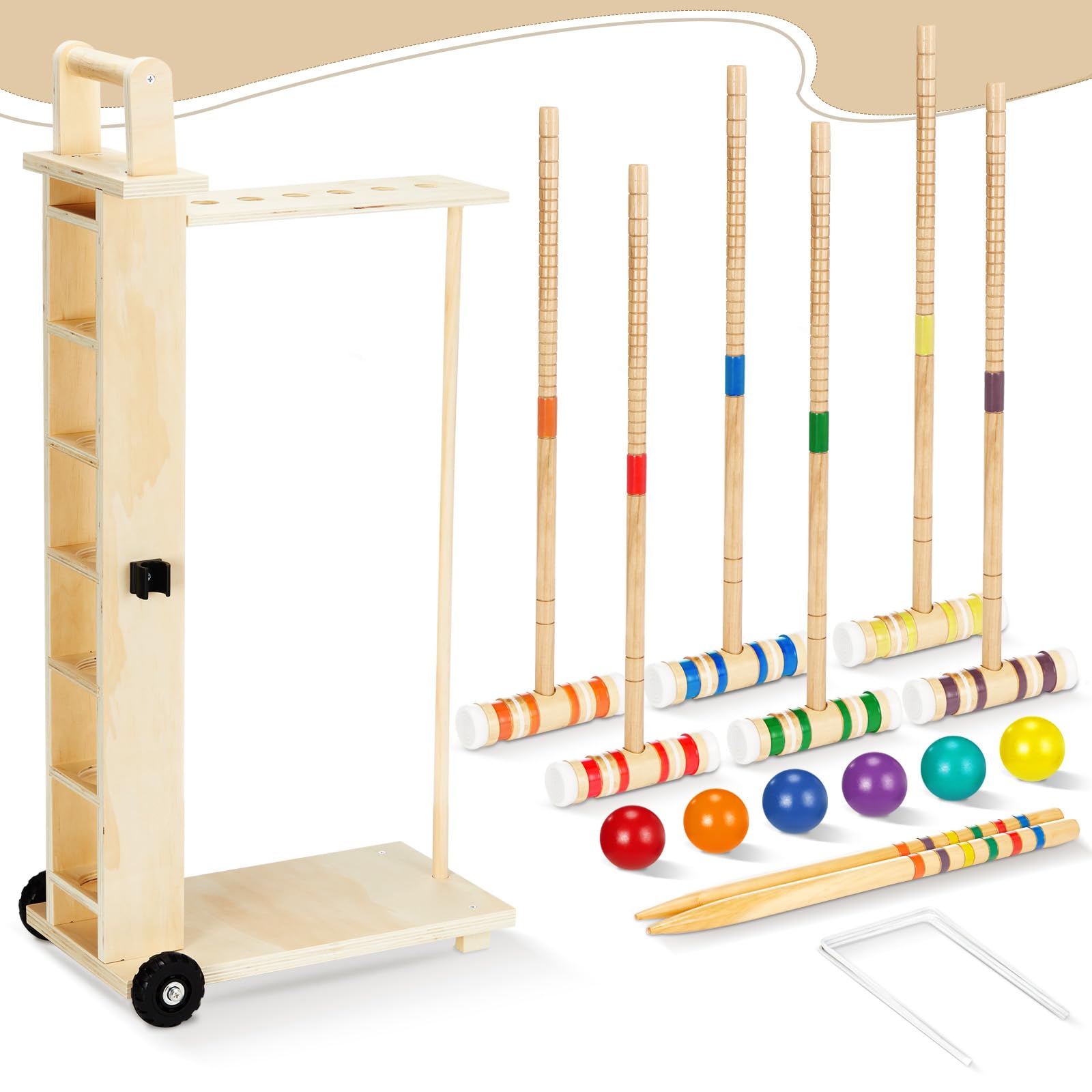 Hiboom Krocket-Set für 6 Spieler, 71,1 cm, für Erwachsene, mit Holzständer, Holz