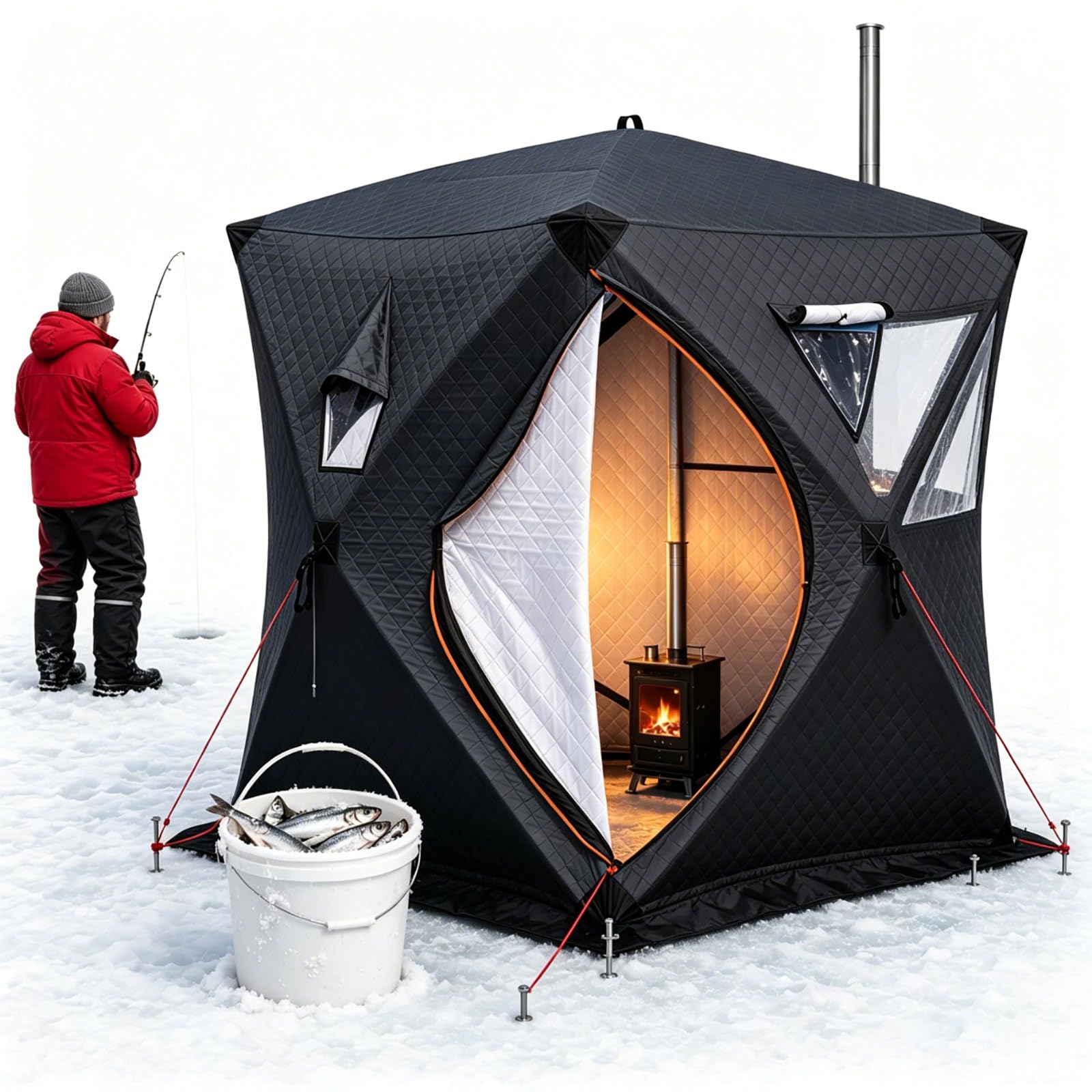 Tienda de pesca en hielo aislada, 3-4 personas, suelo extraíble Black