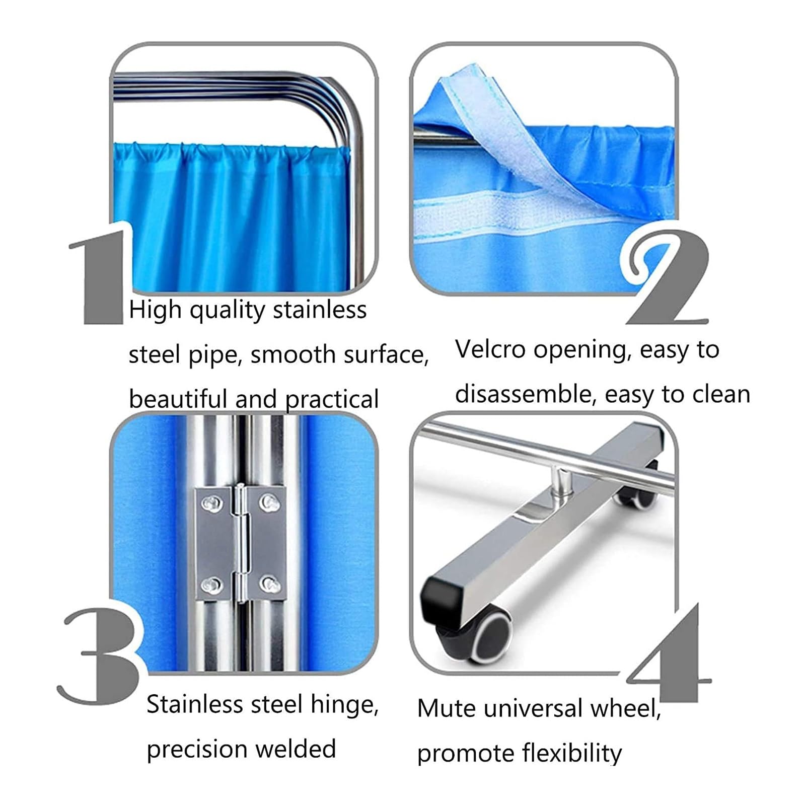 4 Panel Mobile Medical Privacy Screen Room Partition, Ward/Beauty Salon/Health Hall Standing Door Partition, Folding Iron Frame