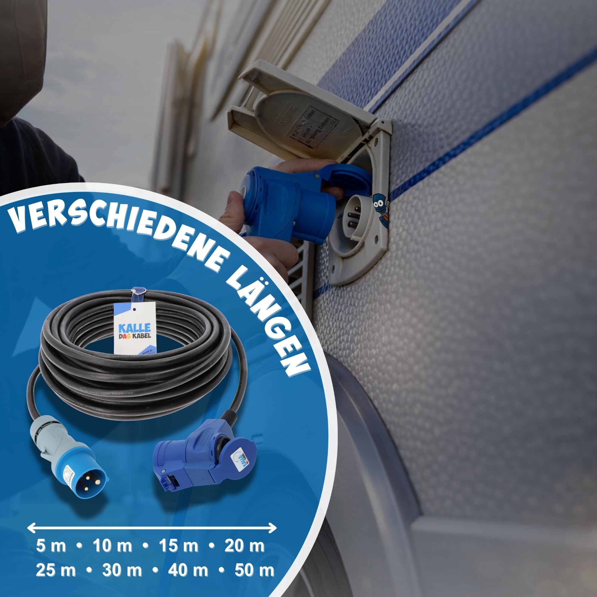 KALLE DAS KABEL CEE Verlängerungskabel 230V 16A – H07RN-F 3G 2,5 mm², CEE Stecker auf CEE Winkelkupplung mit Schukosteckdose & LED Spannungsanzeige, IP44, Schwarz Gummi, Camping Caravan 25 Meter