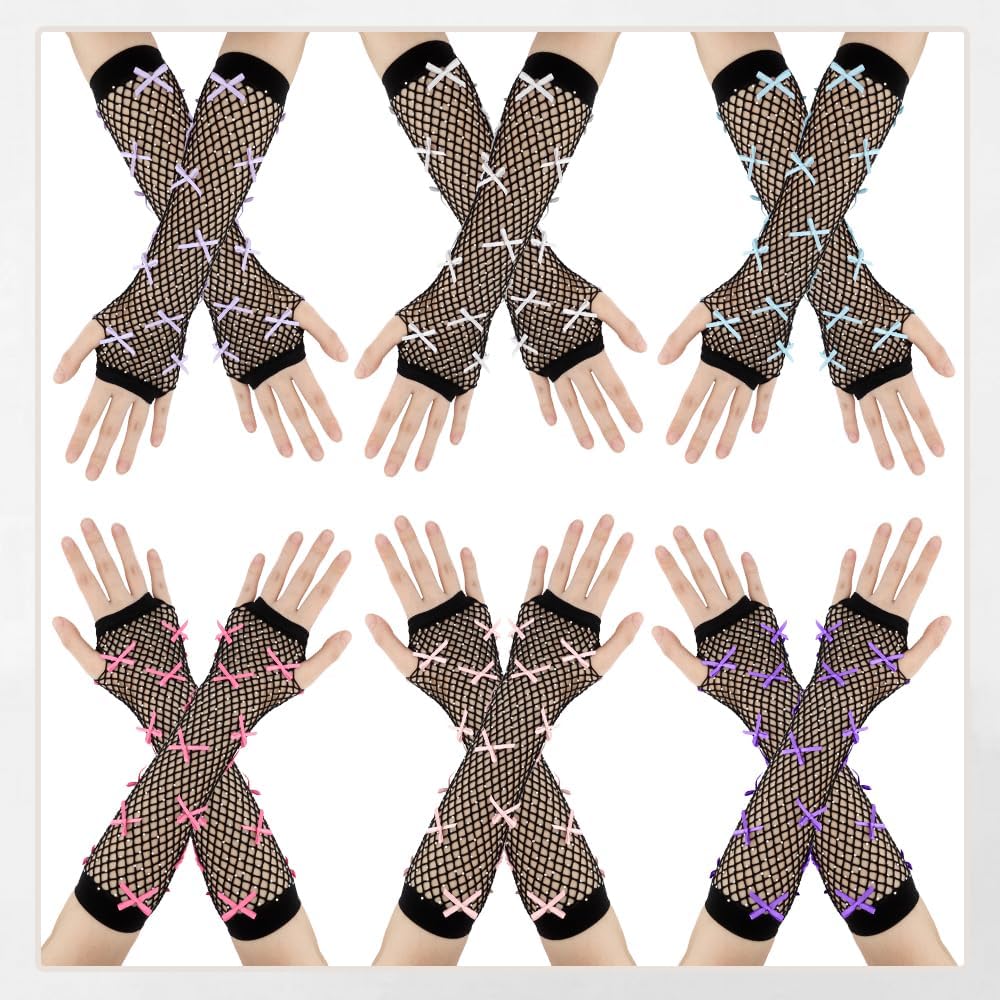 Rhinestone Fishnet Bow Gloves for Women and Girls - Fingerless Fishnet Gloves for Halloween Costume - Image 5