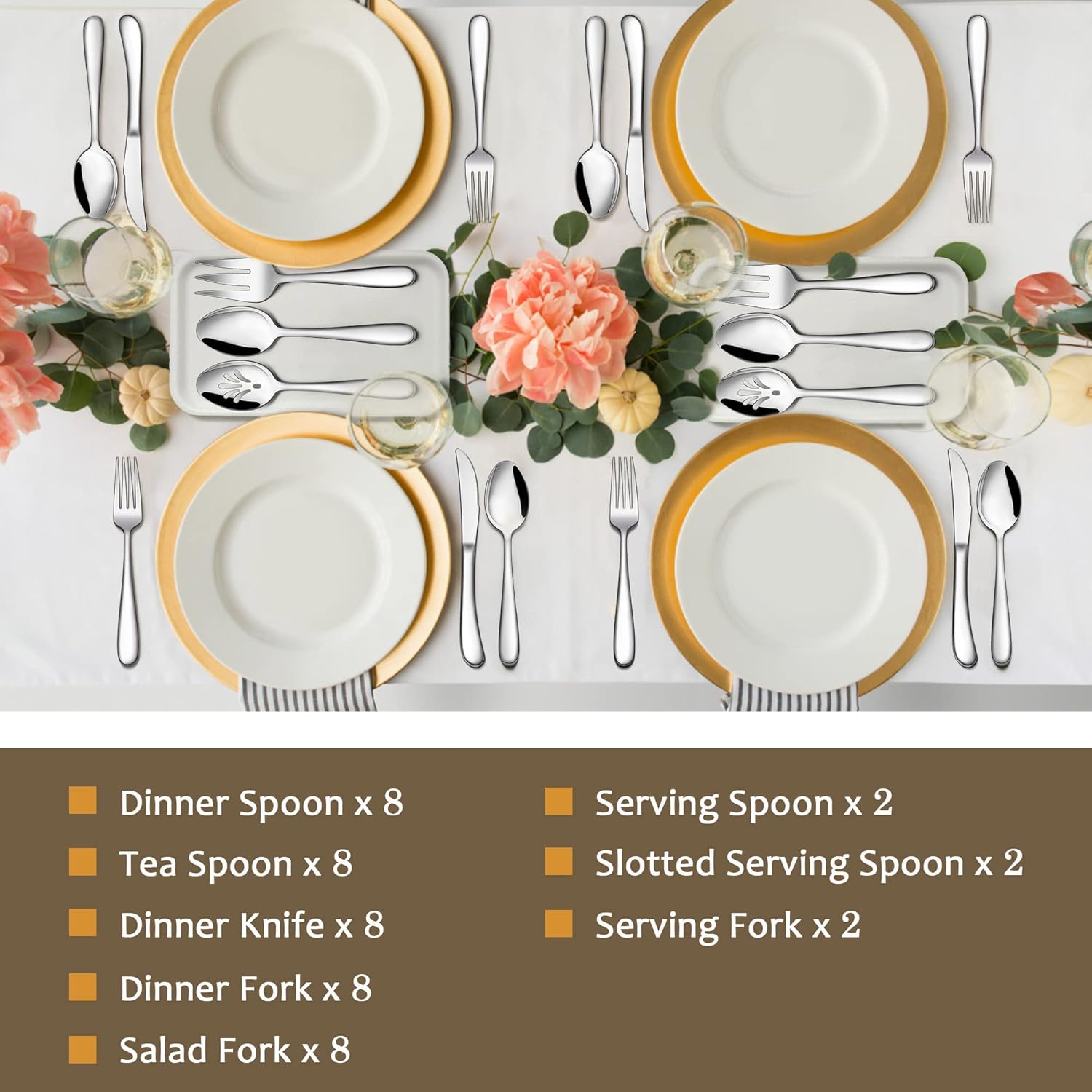 LIANYU 46-Piece Heavy Duty Silverware Set with Serving Utensils, Stainless Steel Flatware Set for 8, Thick Cutlery Eating Utensils Include Fork Knife Spoon, Mirror Finished, Dishwasher Safe