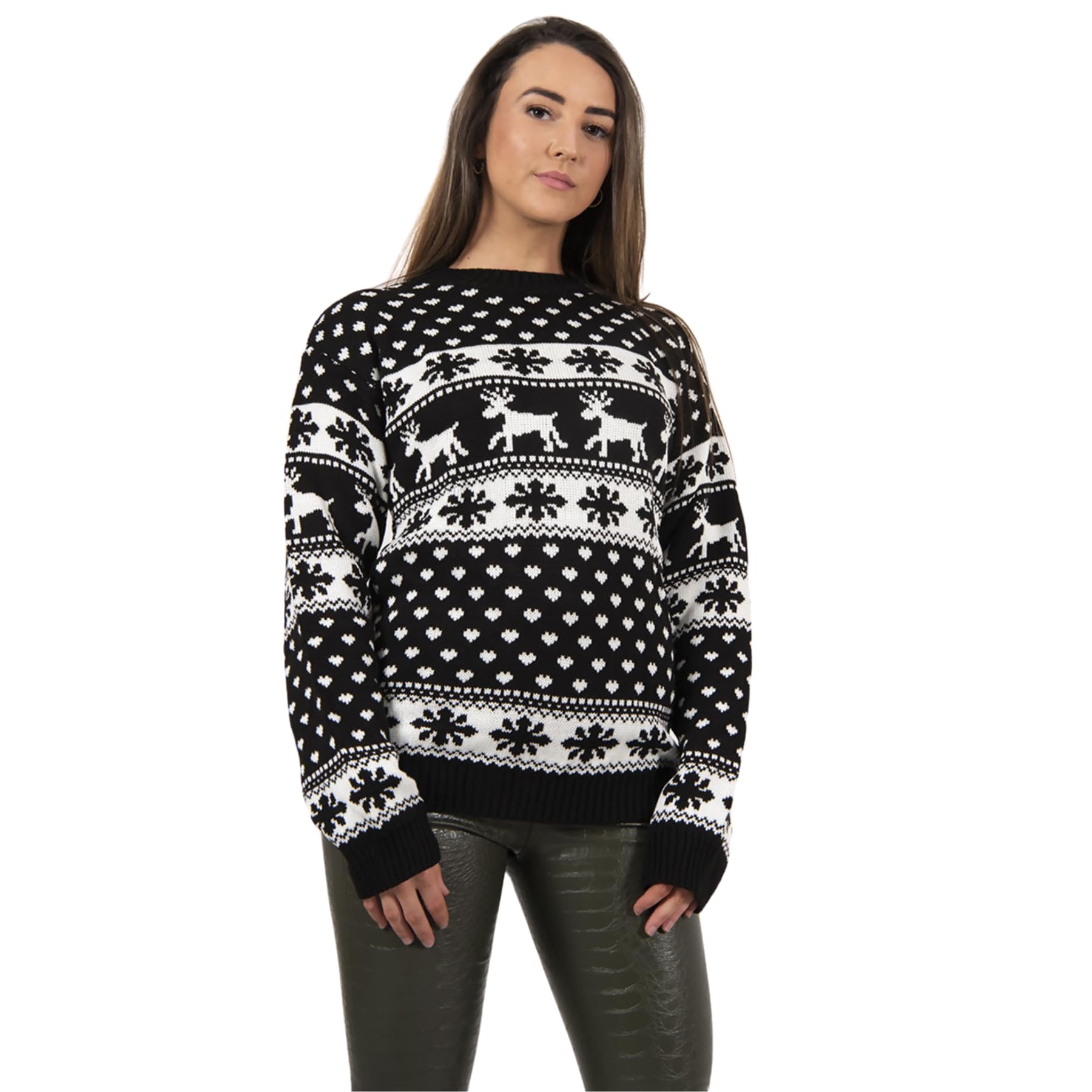 Hamishkane Women's Black Hamishkane® Christmas Jumpers - Xmas Knitted Reindeer Snowflake Print Xmas Jumper Uk, Funny Crew Neck Tunic Christmas Tops, Novelty Pullover Sweater, Ugly Christmas Jumpers For