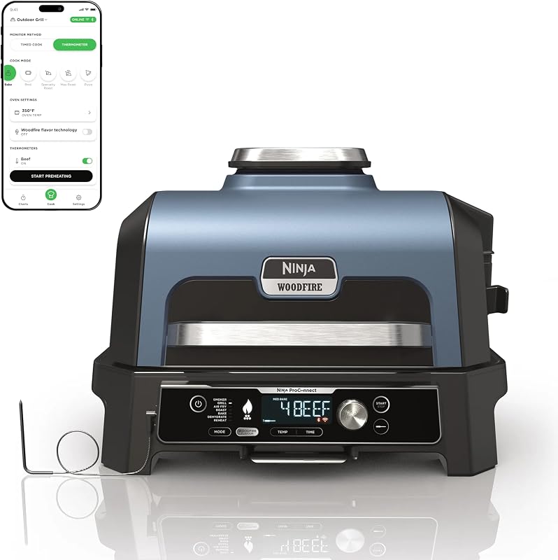 Parrilla para barbacoa Woodfire ProConnect Premium XL, 7 en 1, habilitada para aplicación, azul | 180 pulgadas cuadradas de espacio para cocinar con termómetros duales conectados a una aplicación y auténtico sabor a leña