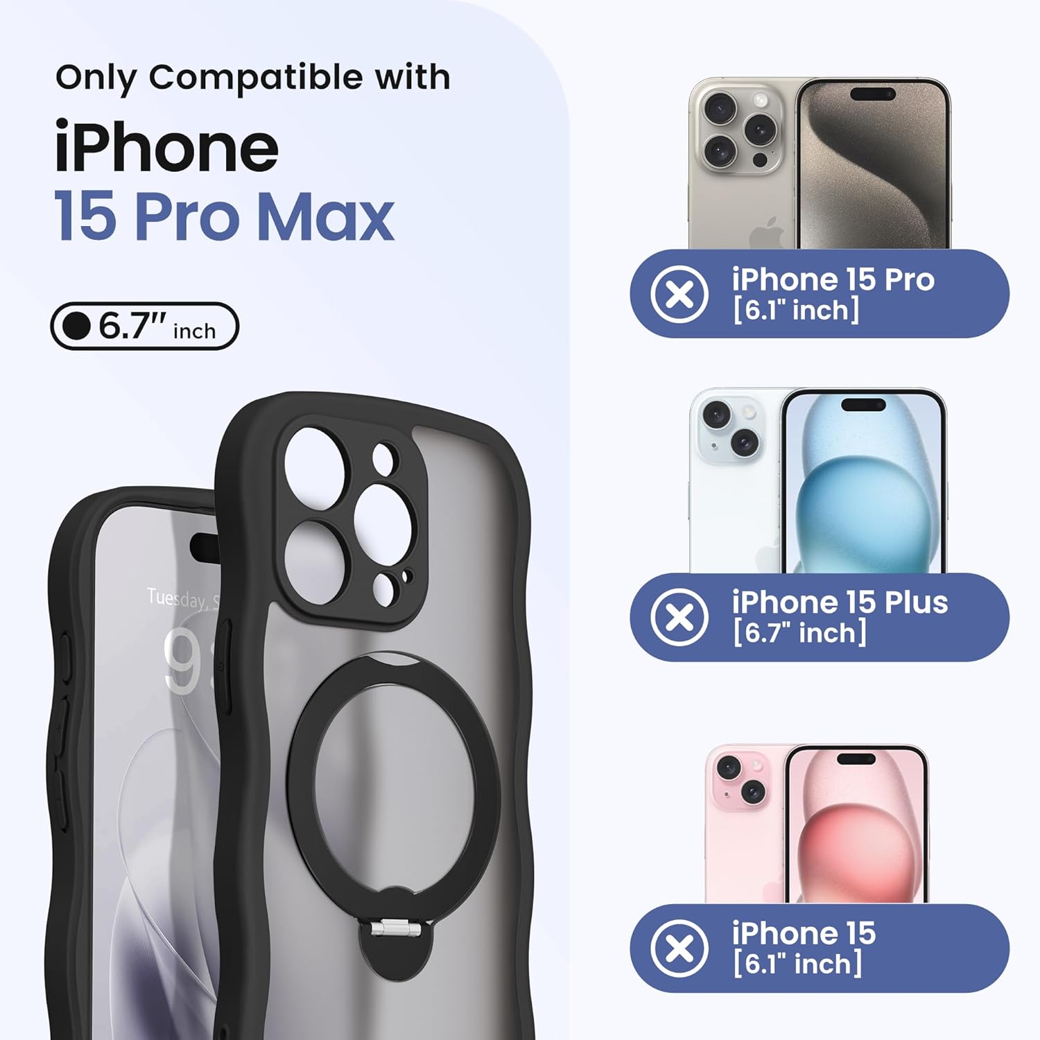 CAPRARO for iPhone 15 Pro Max Case with 360° Spin Magnetic Stand for Women, [Compatible with MagSafe] [Full Camera Protection] Cute Wave Translucent Matte Case for iPhone 15 Pro Max, Black - Image 2
