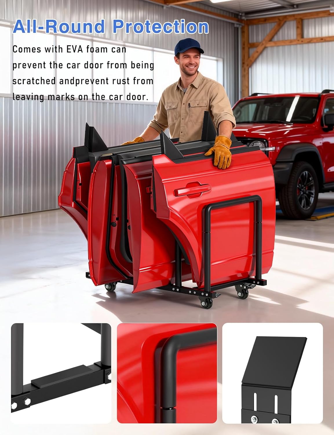 Door Hanger Storage Rack Bracket Holder Compatible with 2007-2024 Jeep Wrangler JK JL Gladiator JT, 2021-2024 Ford Bronco, Movable Stand Rack Sliding for 2/4 Door, 4 Caster Wheels with Brakes