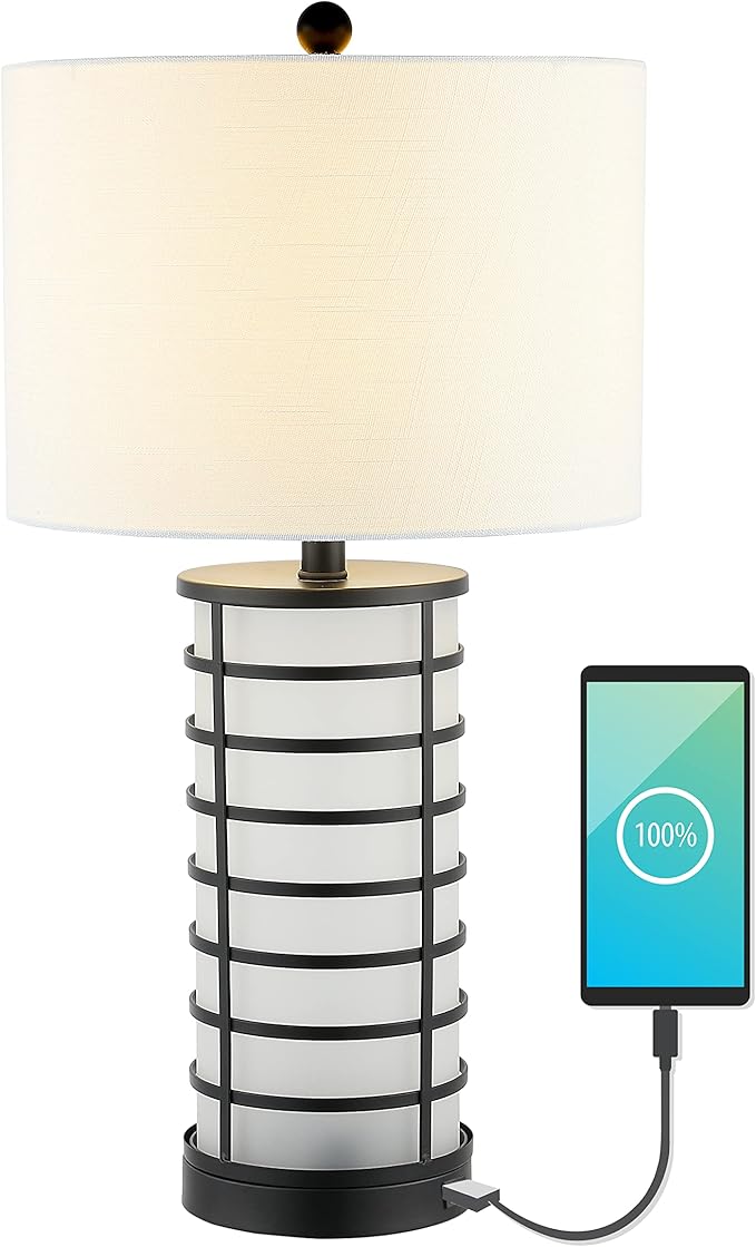 JONATHAN Y JONATHAN Y JYL8502A Jayce 27" Modern Industrial Iron Nightlight LED Table Lamp with USB Charging Port Coastal Contemporary Bedside Desk Nightstand Lamp for Bedroom Living Room Office, Black