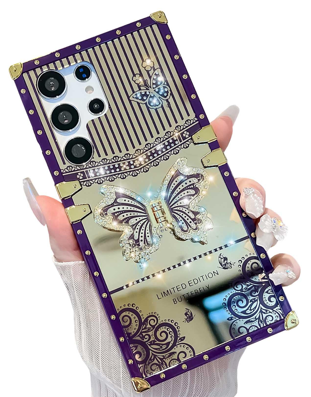 HALATUA Cute Compatible with Samsung Galaxy S25 Ultra Case, Luxury Bling Butterfly Foldable Stand Kickstand for Women & Girls, Mirror Lace Flexible