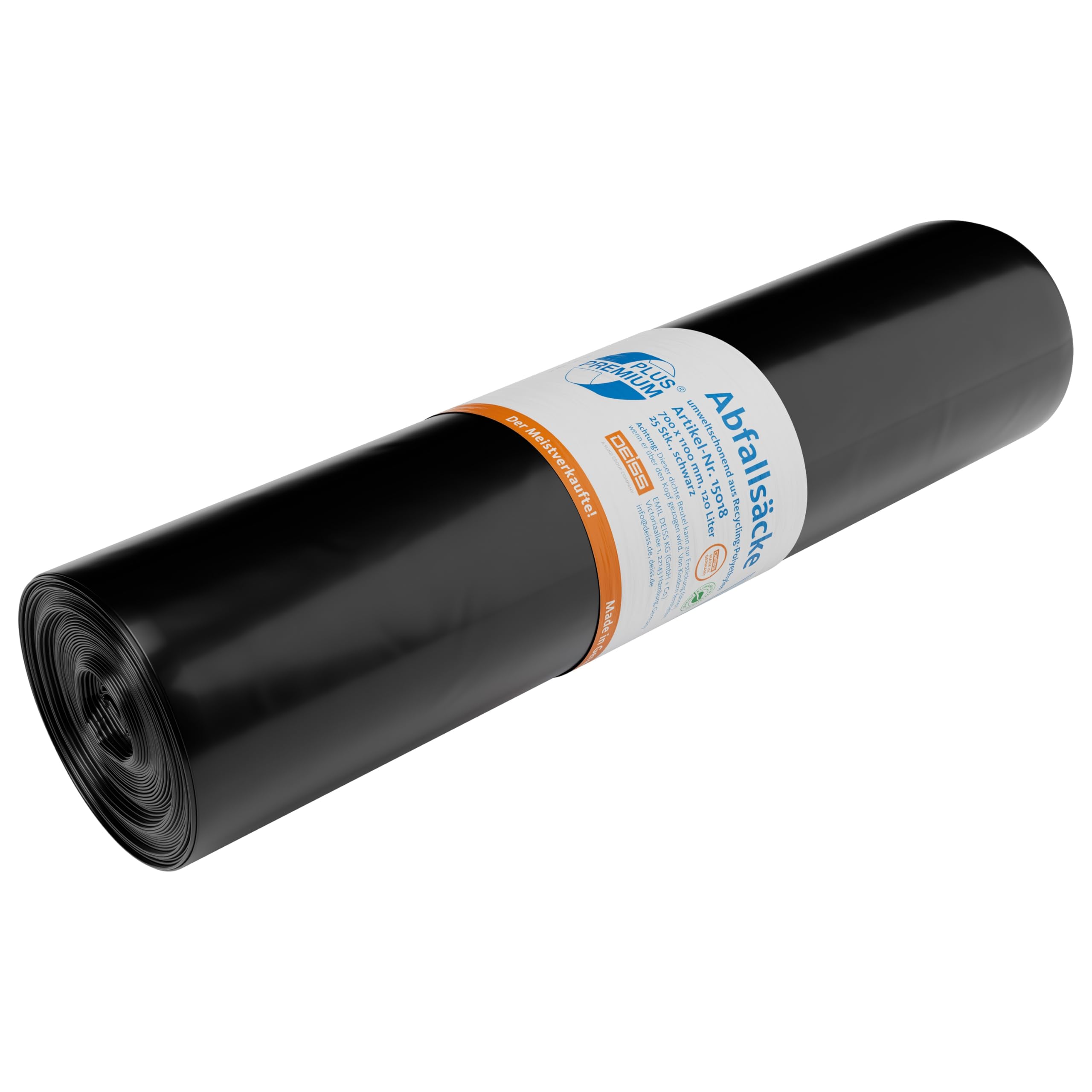 Deiss Premium 15018 Rubbish Bags, 700 x 1100 mm, 25 per roll, Black