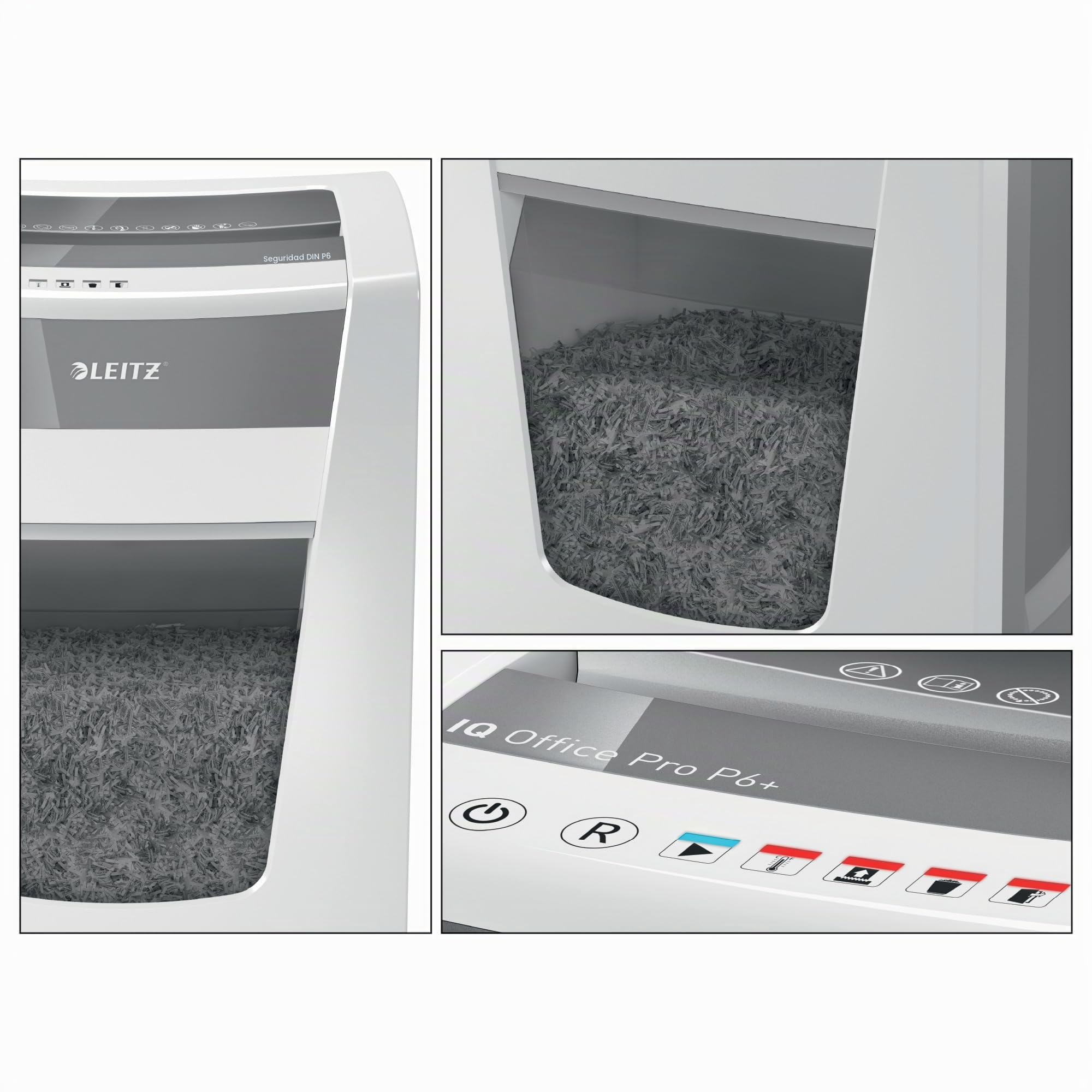 Leitz Destructora IQ Office Pro P6+ - Destructora de papel de corte supermicro, destruye 6-5 hojas a la vez (70-80 gms), papelera de 30 l, blanco/plata, 80100000