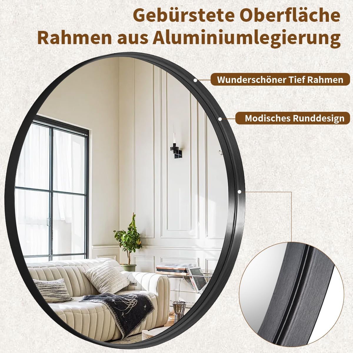 Koonmi runder Wandspiegel 120 cm, tiefer Metallrahmen, Schwarz | Badspiegel mit gebürstetem Rahmen für Badezimmer, Wohnzimmer und Eingangsbereich, markantes Tiefenprofil