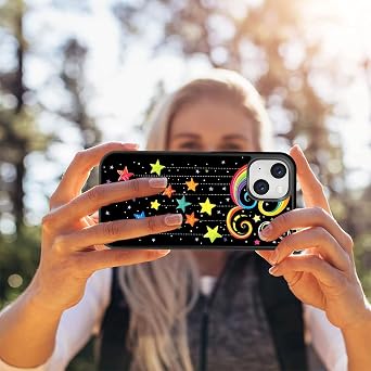 for iPhone 15 Case,Tire Anti-Skid Edges Cute Design Shockproof Bumper Full Protection Black Back Cover for iPhone 15,Sparkling Star Rainbow