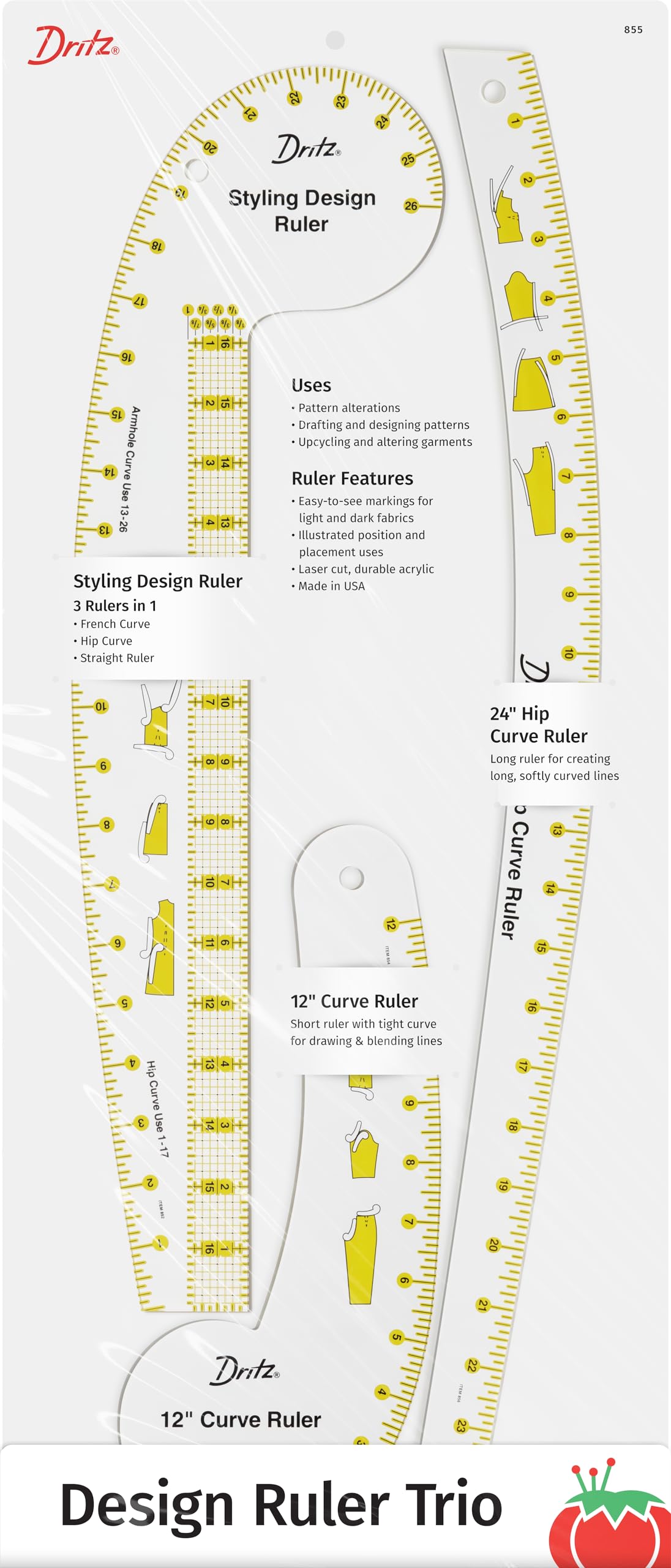 Dritz Clear Design Ruler Trio With Styling Design, Curve & Hip Curve Rulers For Sewing