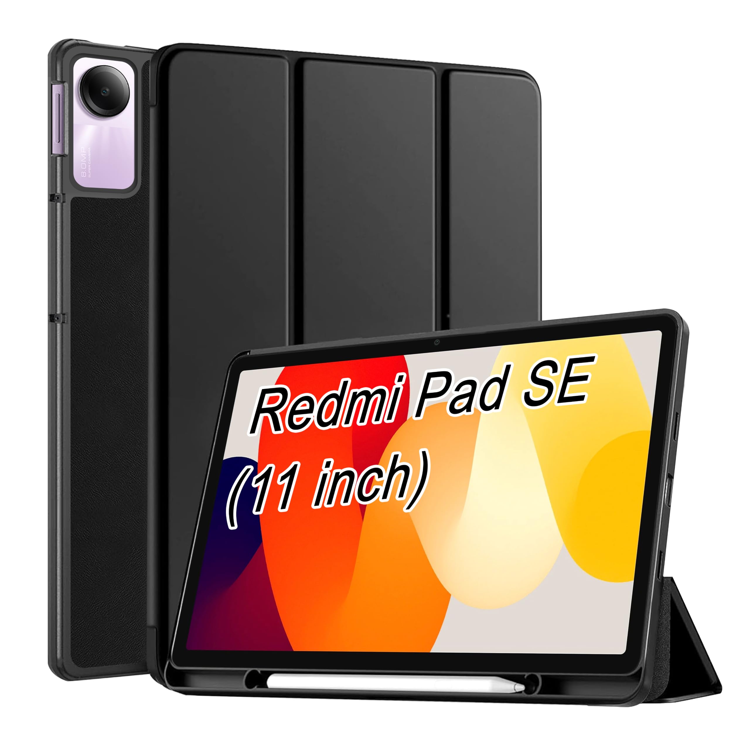 CEDO Smart Case Redmi Pad SE (11 inch) Tri-Fold Flip Folio Cover | Pencil Holder | Auto Wake-Up/Sleep Mode | Multi View Angles Stand TPU Backcover (Black)-image-7