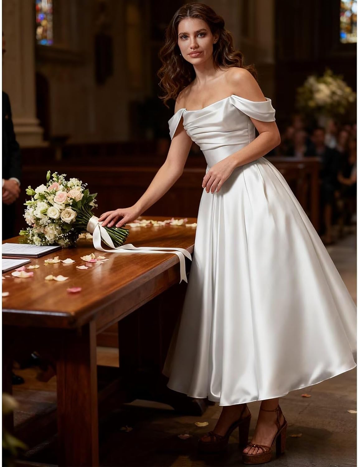 FreeBeauty Women's Off Shoulder Wedding Dresses for Bride Tea Length Elegant A Line Satin Prom Dress - Image 3