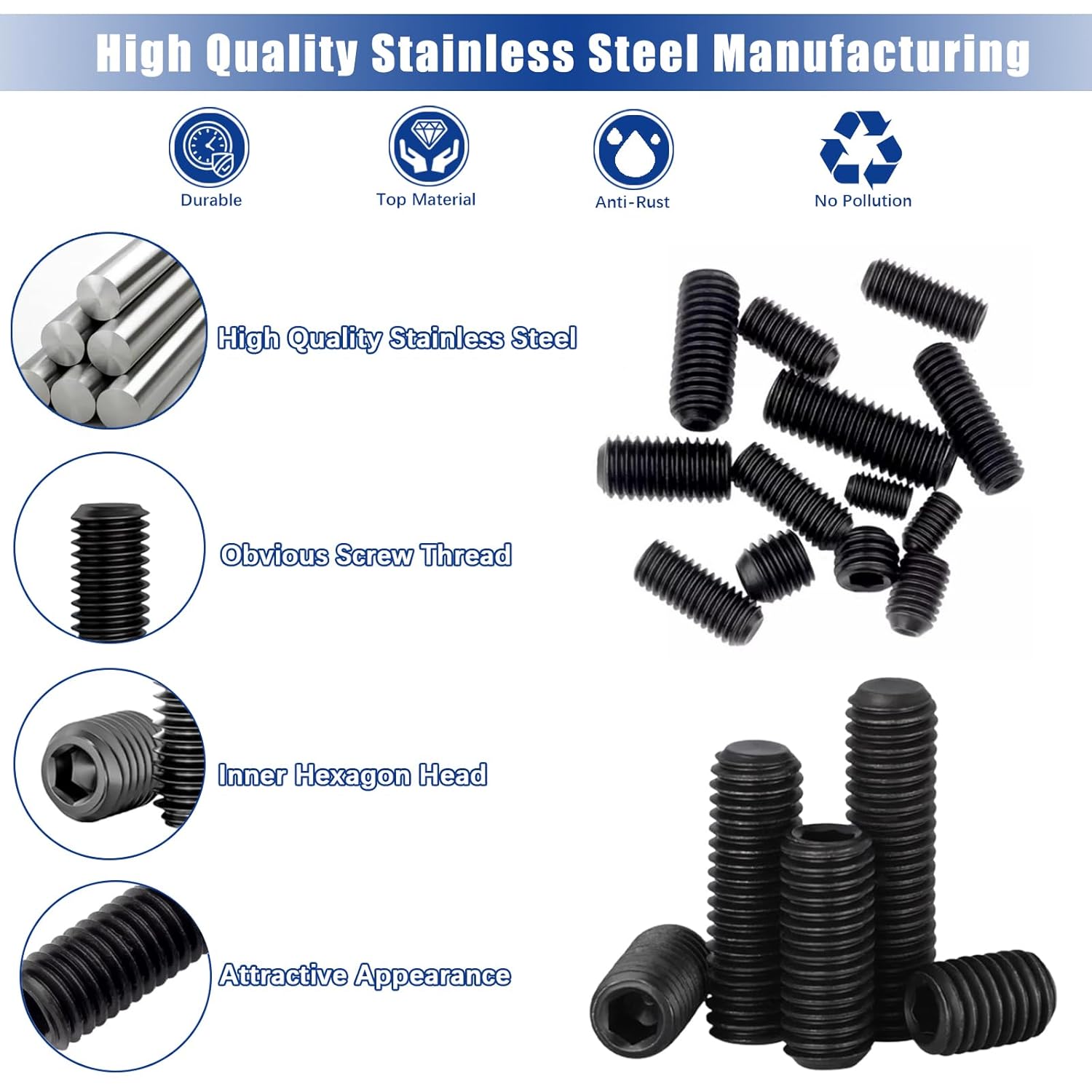 585Pcs Metric Set Screws (Alloy Steel), M3/M4/M5/M6/M8 Allen Head Screws, Internal Hex Drive Cup-Point Screws Assortment Kit for Door Handles, Light Fixture Screws