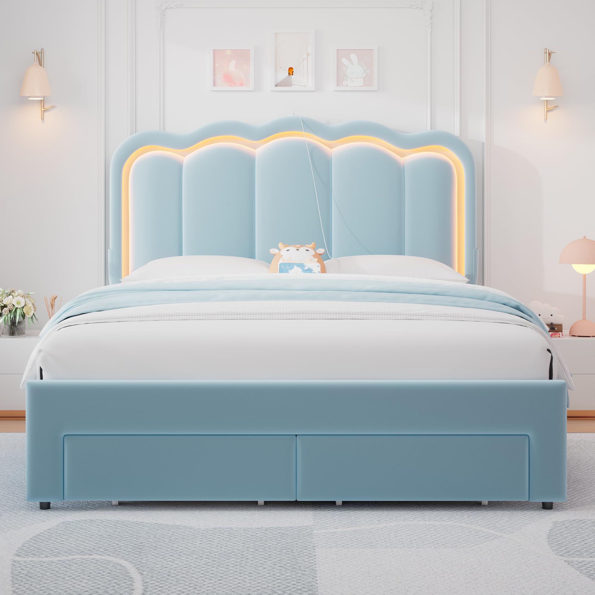 Queen Upholstered LED Bed Frame with 2 Storage Drawers and Adjustable Chic Double Wavy Headboard, Velvet Princess Platform Bed with Charing Station, Solid Wood Slats Support,No Box Spring Needed, Pink: Blue Full