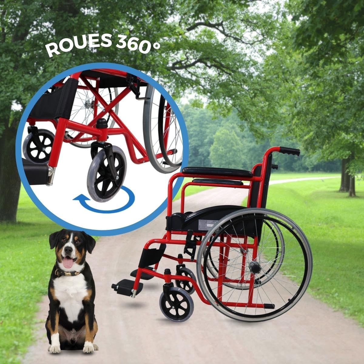 Mobiclinic®, Fauteuil roulant pliable, Auto-propulsé, Chaise roulante, Alcazaba, Assise 46 cm, Système de franchissement des bordures, Repose-pieds rabattables, Anti-crevaison, Frein sur les roues