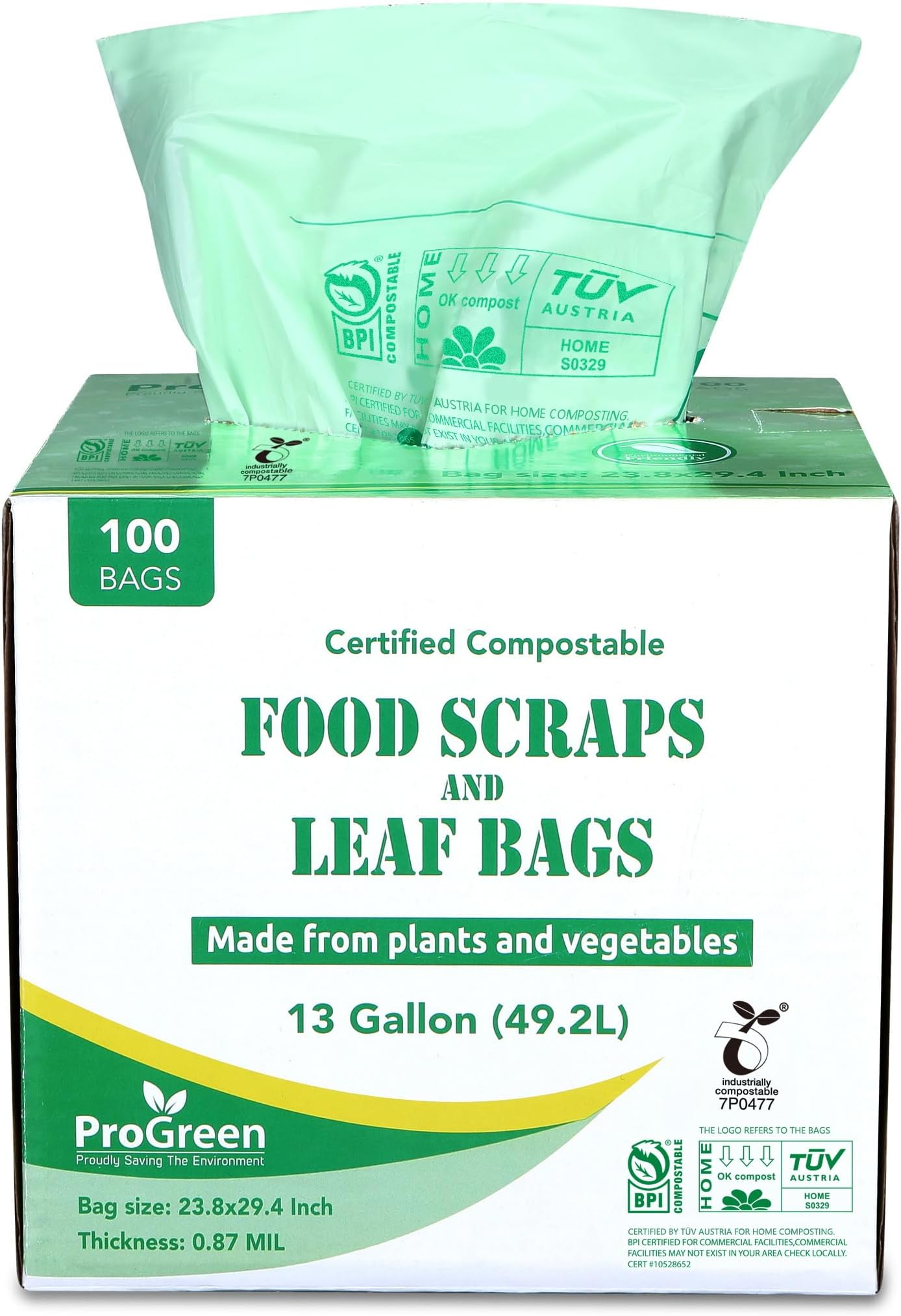 Compostable Trash Bags, Extra Thick, Compost Kitchen Bin Bags, Food Scraps Yard Waste Bags, ASTM D6400 BPI and TÜV AUSTRIA Certified (13 Gallon, Pack of 100)