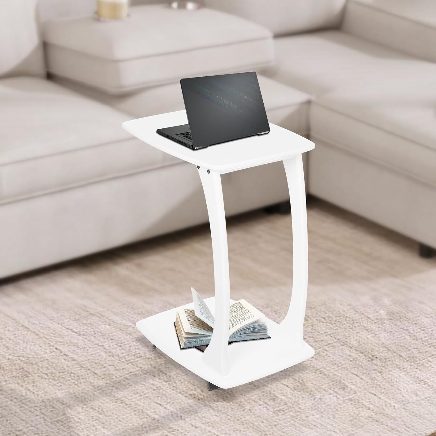 Solid Wood End Table with Rolling Wheels, C Shaped Side Table, TV Tray Table Small Accent Table, Couch Table That Slide Under for Small Space, Living Room, Bedroom or Office (White)