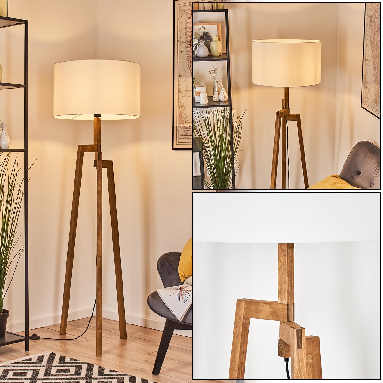 HOFSTEIN Stehleuchte Flemming, Stehlampe aus Holz im modernen Boho-Design, Schirm aus Stoff, Ø 50 cm, 162,5 cm, E27, mit Fußschalter - Wohnzimmer, Schlafzimmer, Esszimmer, Flur