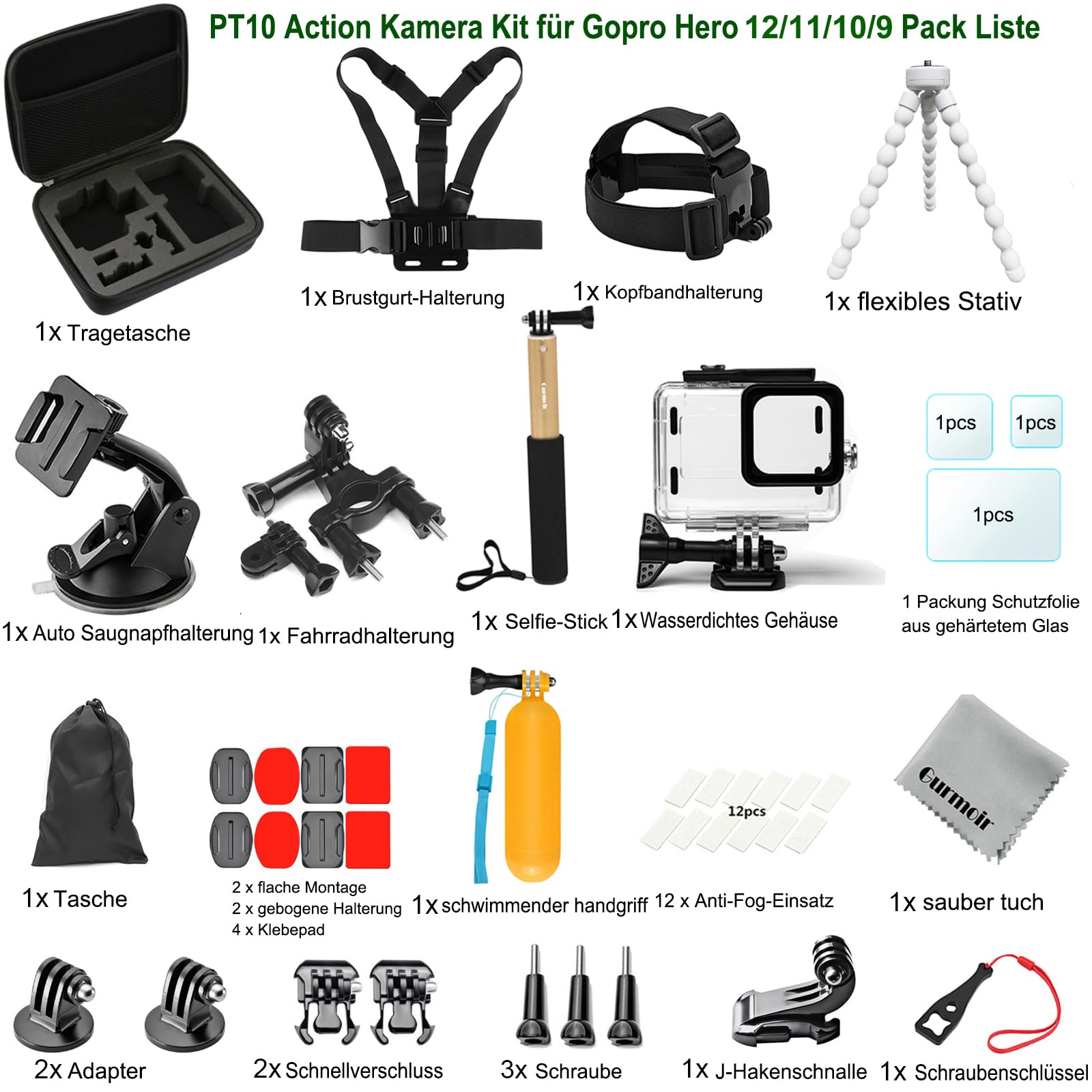 Zubehör Set Kit mit Wasserdichtem Gehäuse für GoPro Hero 13/12/11/10/9 Schwarz, Action Kamera Video Zubehör Set Bundle Kompatibel mit Go Pro 13 12 11 10 9(PT10)