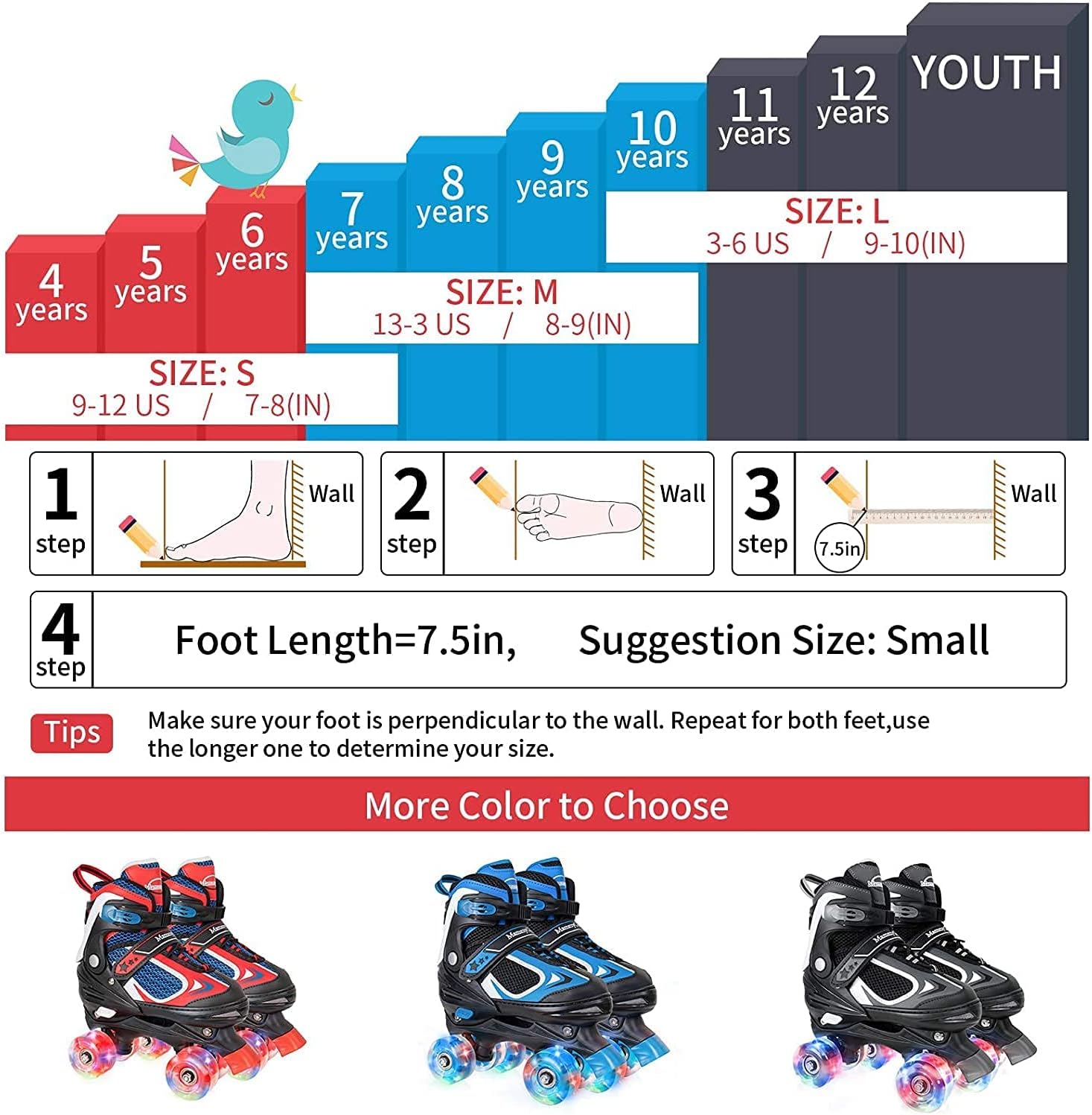 YumHome Roller Skates for Girls and Boys,4 Sizes Adjustable Roller Skates for Kids with All Light up Wheels, Full Protection for Children's Indoor and Outdoor Play : Sports & Outdoors