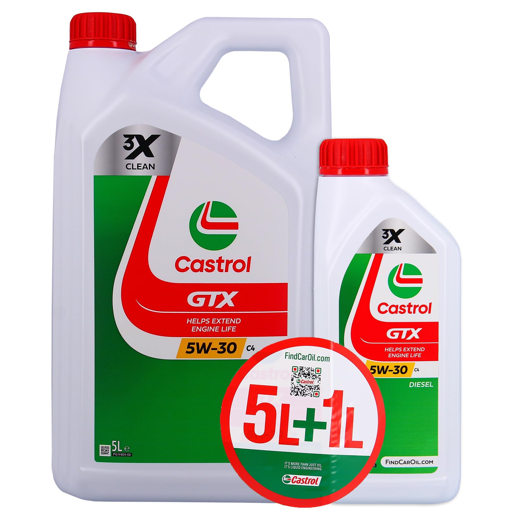 CASTROL GTX Aceite de Motor 5W-30 C4, pack de 5+1L, Homologación ACEA C4, Ayuda a prolongar la vida útil del motor