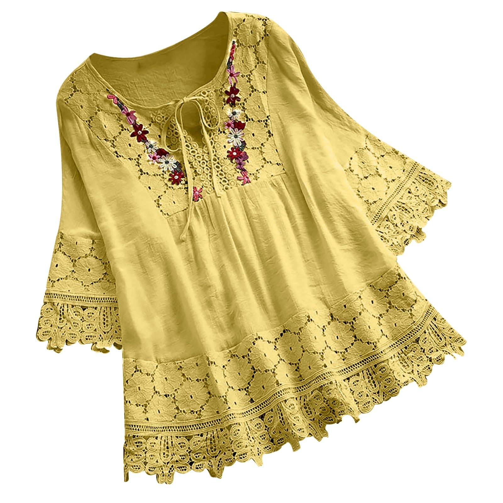 Womens Summer Loose Tops V-Neck Lace Crochet Half Sleeve Shirts Casual Chiffon Blouses Flowy Blouses Shirts(Za Yellow,M)
