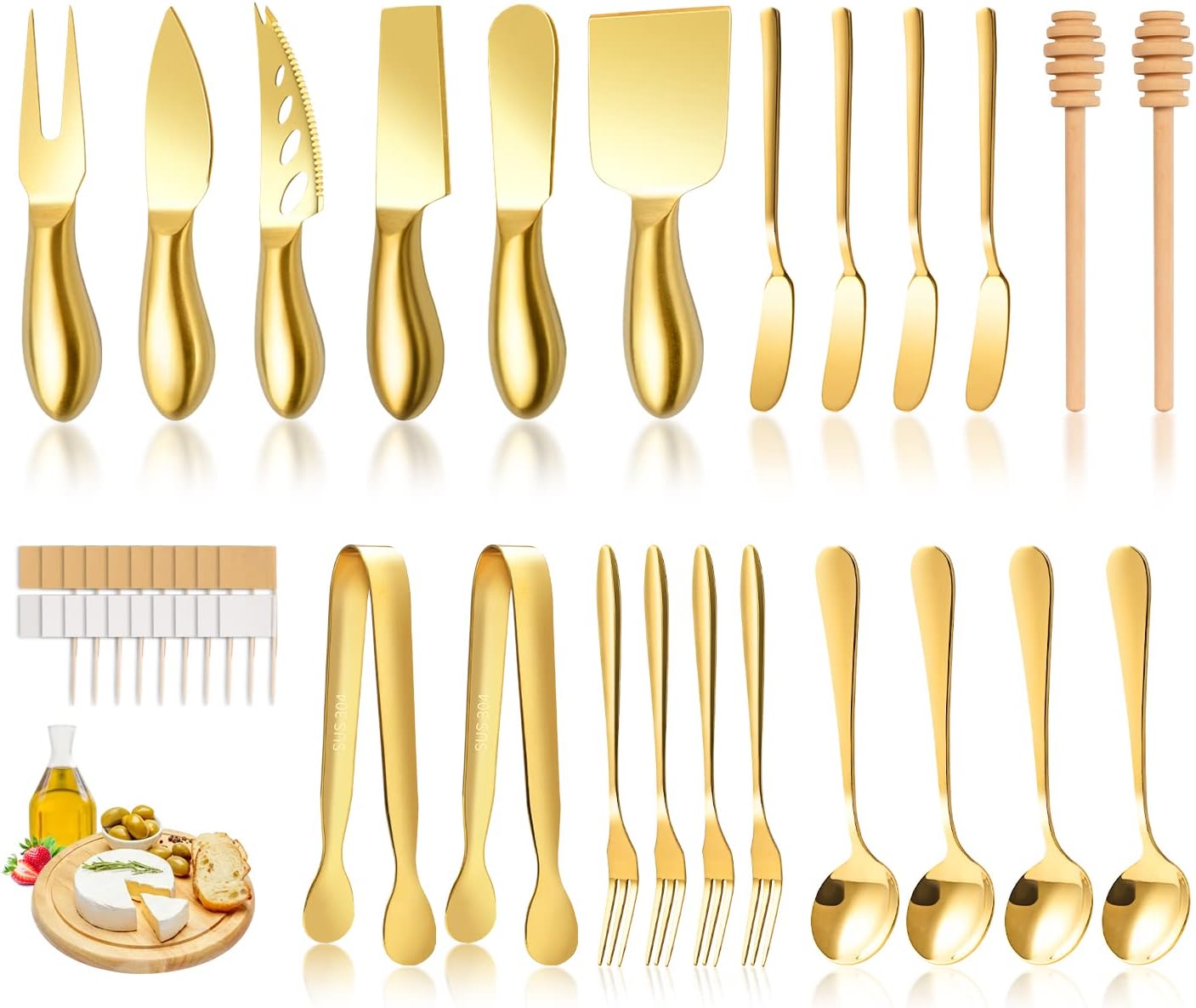 Gold Cheese Knife Set For Charcuterie Board Accessories, Stainless Steel Cheese Slicer And Butter Spreader knives Kit With Serving Tongs, Spoons, Forks, Flags Cheese Markers, Honey Dipper