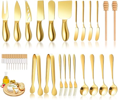 Juego de cuchillos de queso LifeMusican dorados para tabla de embutidos, kit de cuchillos de acero inoxidable para cortar queso y untar mantequilla