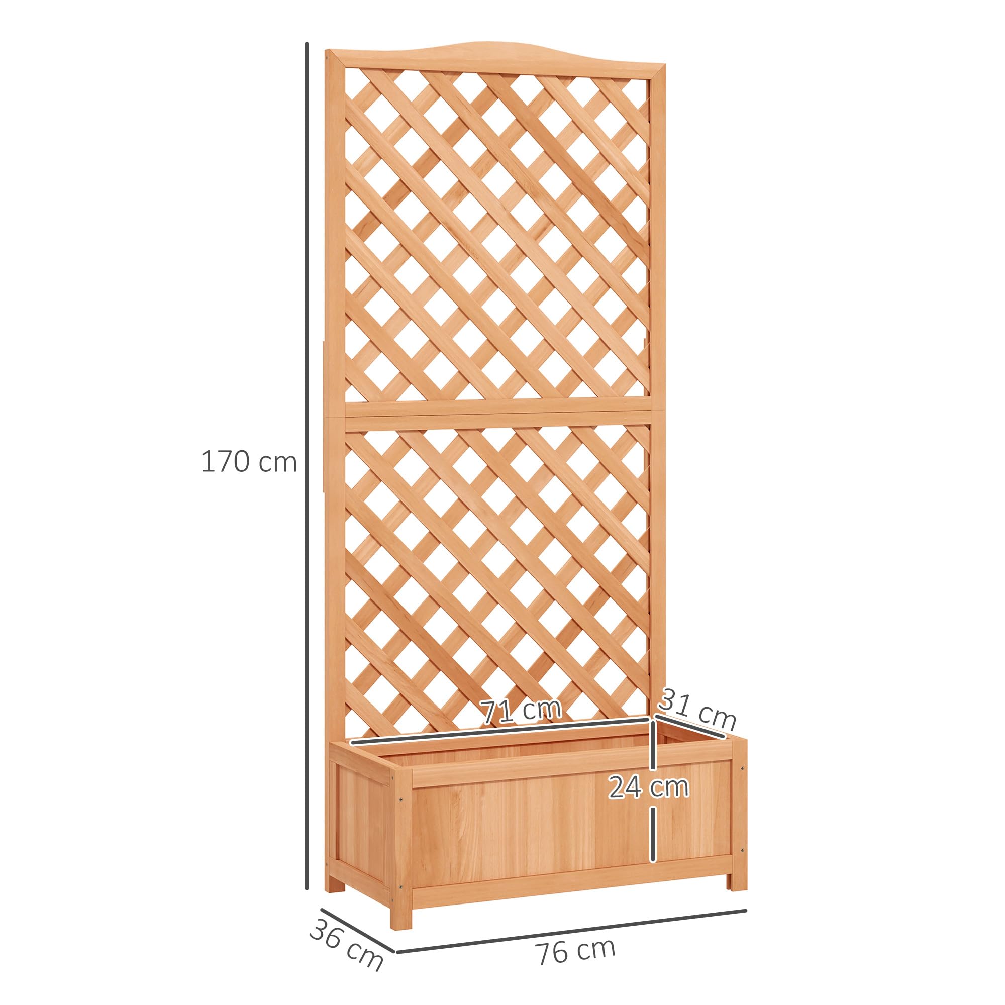 Outsunny Letto per Orto Rialzato da Esterno con Grigliato, Fioriera da Esterno con Traliccio per Piante Rampicanti in Legno di Abete, per Fiori e Verdure, per Giardino e Balcone, 76x36x170 cm, Marrone