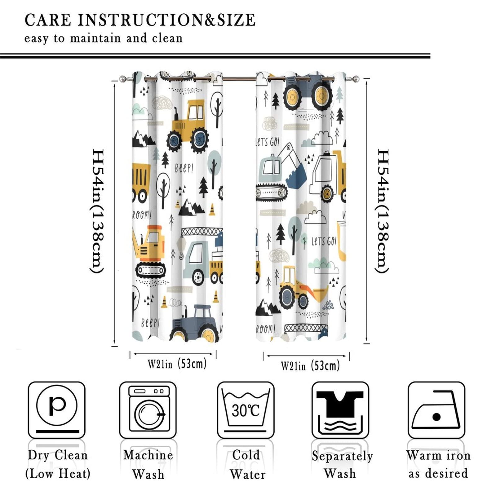 INSFBRB Construction Truck Blackout Curtains for Living Room,Boys Kids Hand Painting Cartoon Excavator Room Darkening Window Curtains with Grommets - 2 Panels 54L x 21W