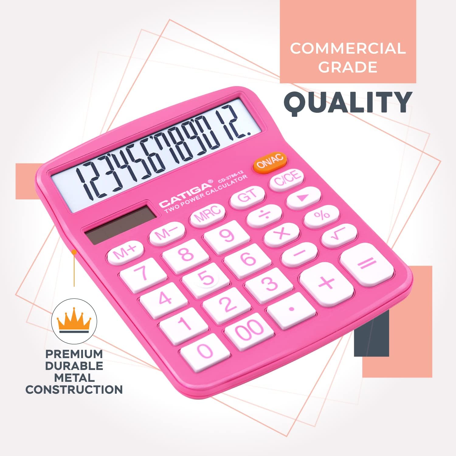 Desktop Calculator 12 Digit with Large LCD Display and Sensitive Button, Solar and Battery Dual Power, Standard Function for Office, Home, School, CD-2786 (Pink)