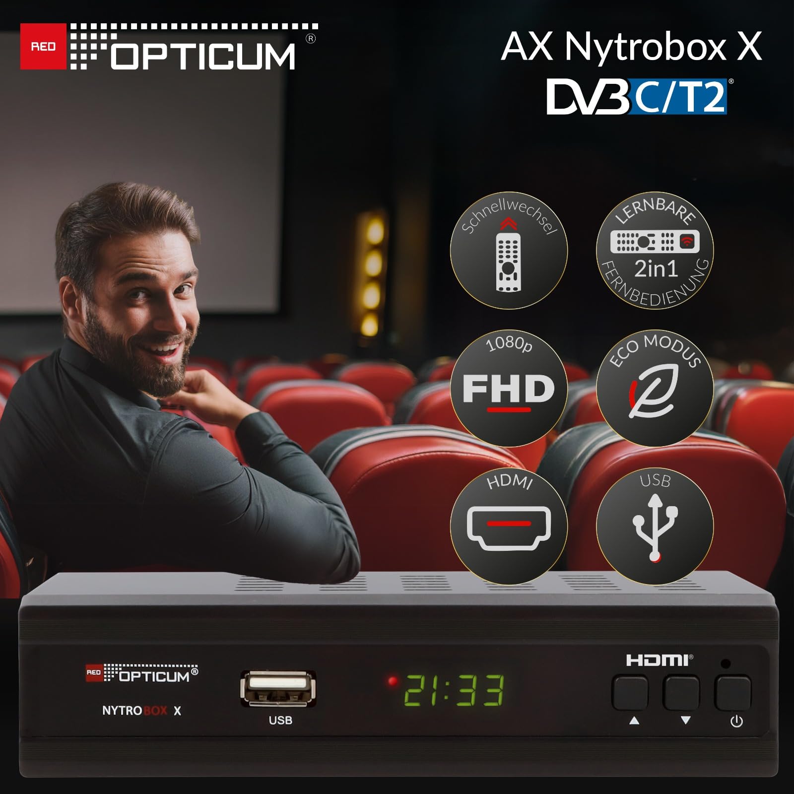 Opticum Nytrobox X DVB-T2 Receiver mit PVR Aufnahmefunktion und DVB-T Antenne Set HDMI SCART USB