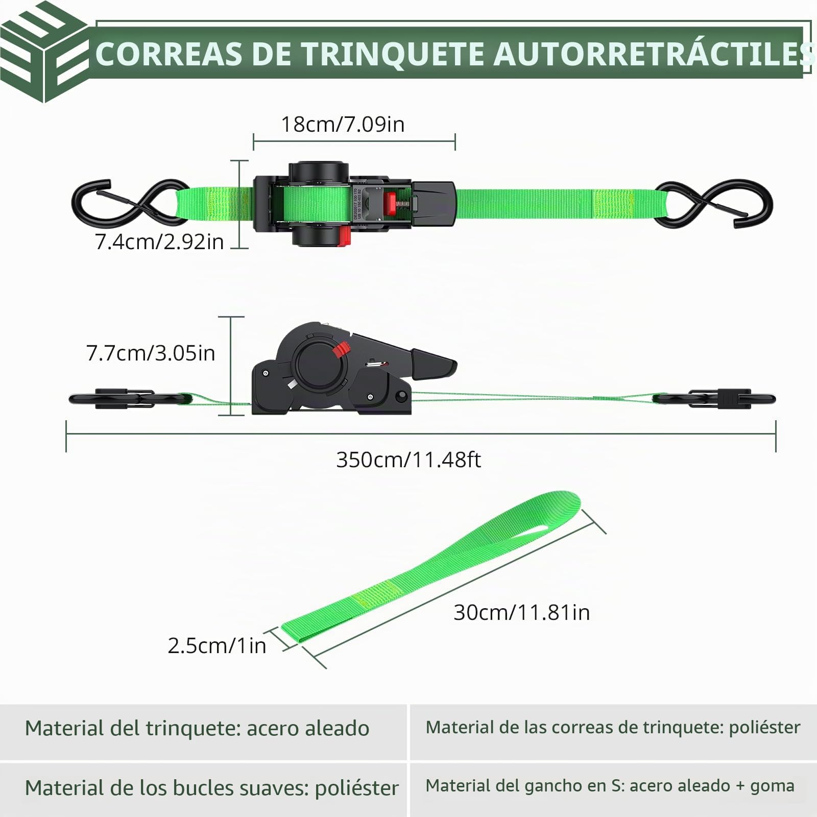 EYPINS Correas retráctiles de Amarre de trinquete (Paquete de 4) – 3,5 m de Longitud, 640 kg de Resistencia a la Rotura, Mecanismo de retracción automática, Ganchos en S con Bloqueo de Resorte y Asas