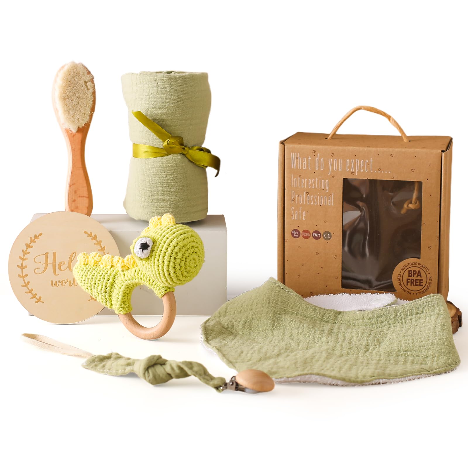 WOODEN TEETHER 6-Teilig Neugeborenen Geschenk, Baby Geschenk Junge, Baby Geschenk Mädchen, Badetuch, Lätzchen, Rassel, Meilenstein, Bürste, Schnullerkette, als Baby Erstausstattung Neugeborene