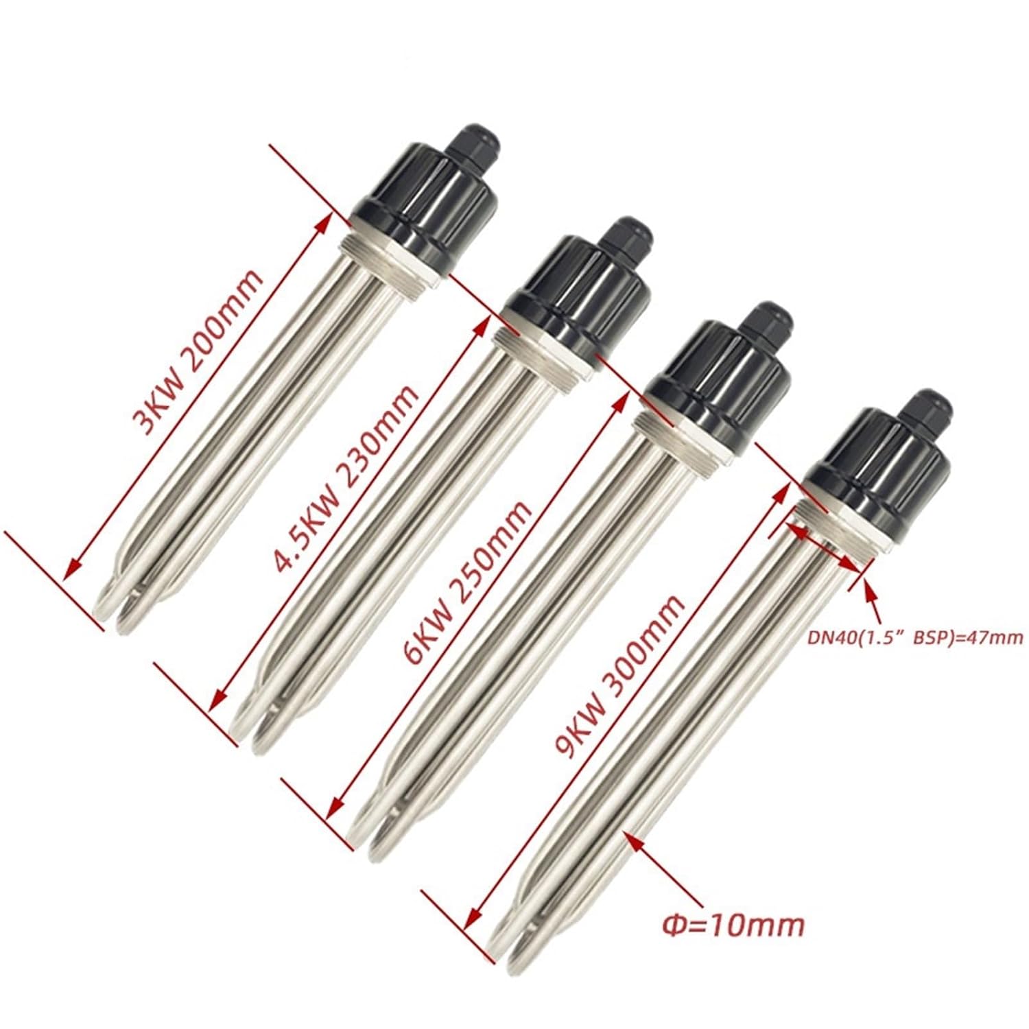 DN40 Stainless Steel Electrical Immersion Heater Heating Element 3KW/4.5KW/6KW/9KW/12KW 1Pcs(380V,3KW 200mm)