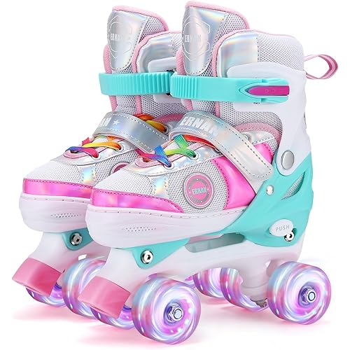 Kids Roller Skates for Girls Todders Kids Beginner, 4 Size Adjustable Roller Skates with Light Up Wheels for Indoor Outdoor Skating