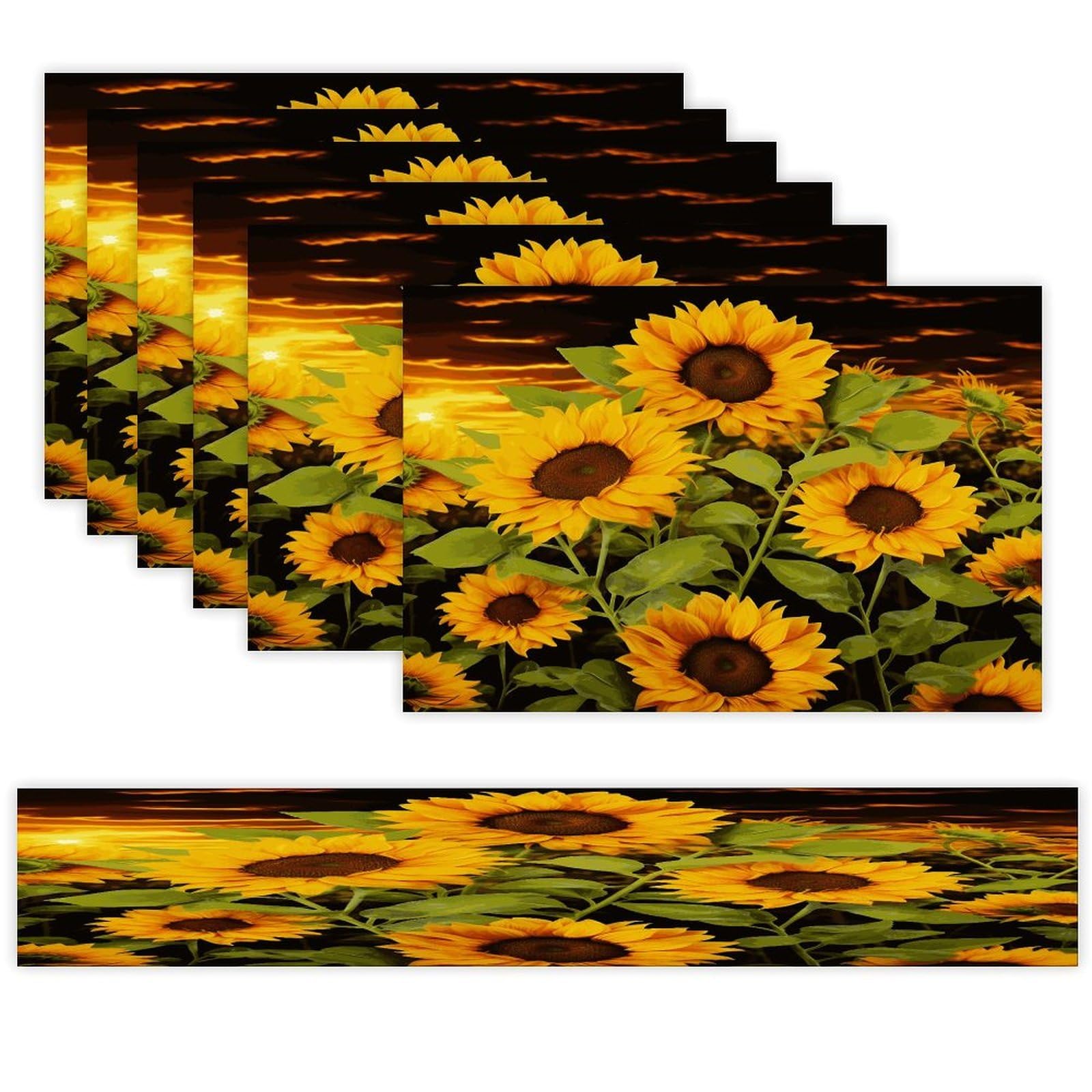 Sun Flower Table Runner and Placemats Set of 6 for Kitchen Washable Table Mats Heat Resistant Place Mats Non-Slip Place Mat Wipeable Placemat(6 Placemats+1 Table Runner)