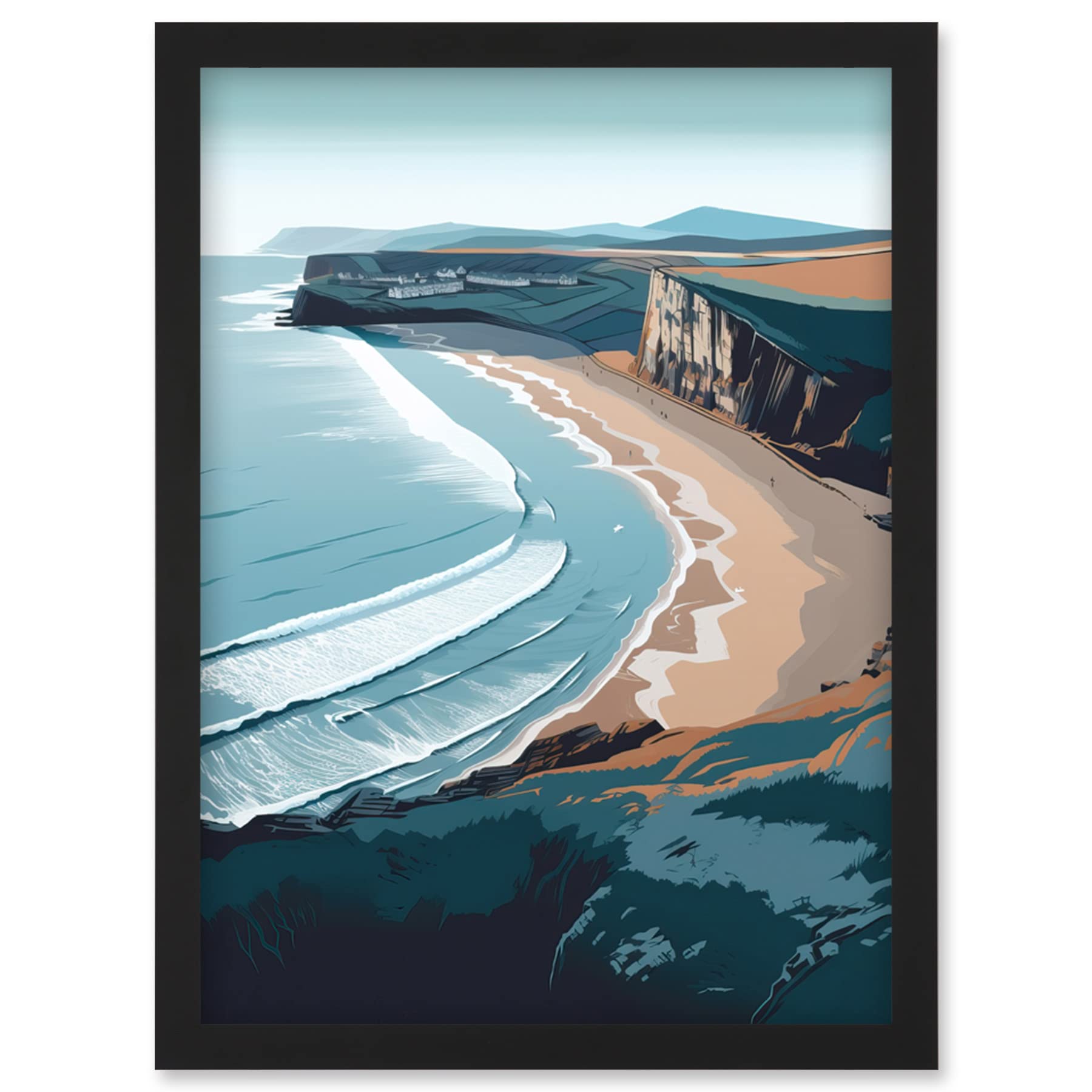 Artery8 Rhossili Bay Cliffs Over Beach Coastal Landscape Artwork Framed Wall Art Print A4