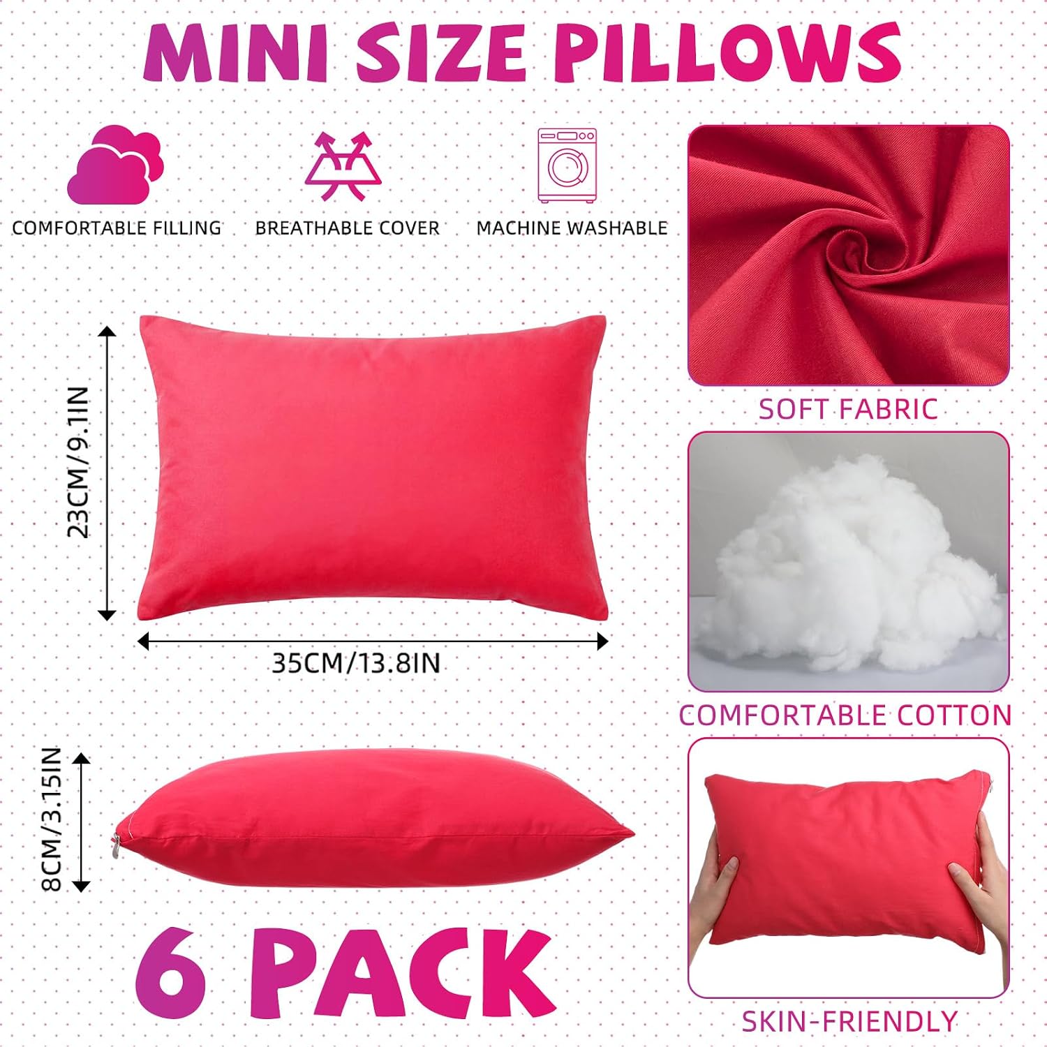 Kigley 6 Pack Mini Pillows Bulk for Daycare, Travel, 14"x9" Small Soft Pillow for Pet Neck/Lumbar Support(Red)