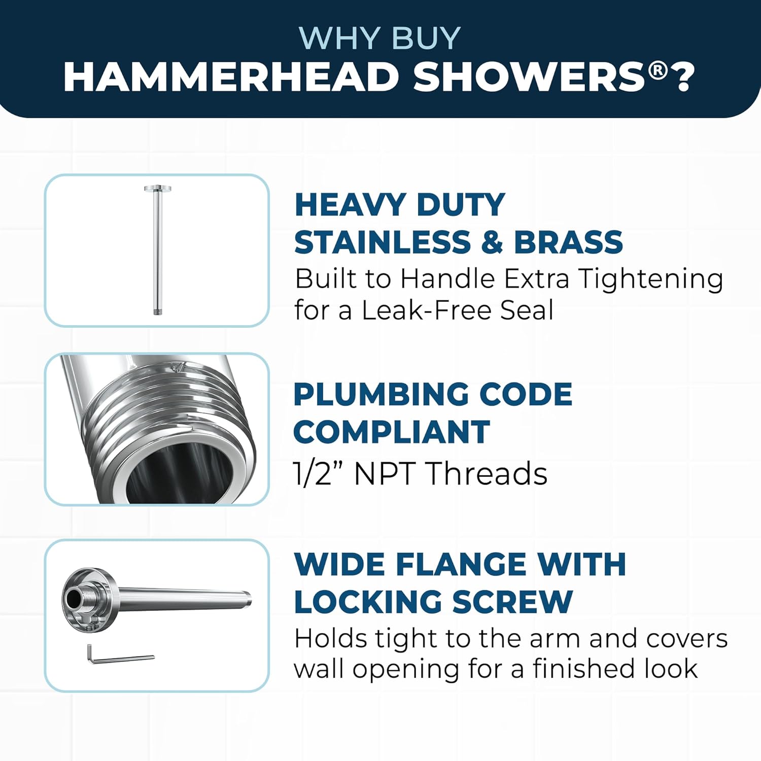 HammerHead Showers Solid Metal 12 Inch Ceiling Mount Shower Arm and Flange with Set Screw, Extra Long Straight Shower Arm for Rain Shower Head, Ceiling-Mounted Rain Shower Arm, Chrome