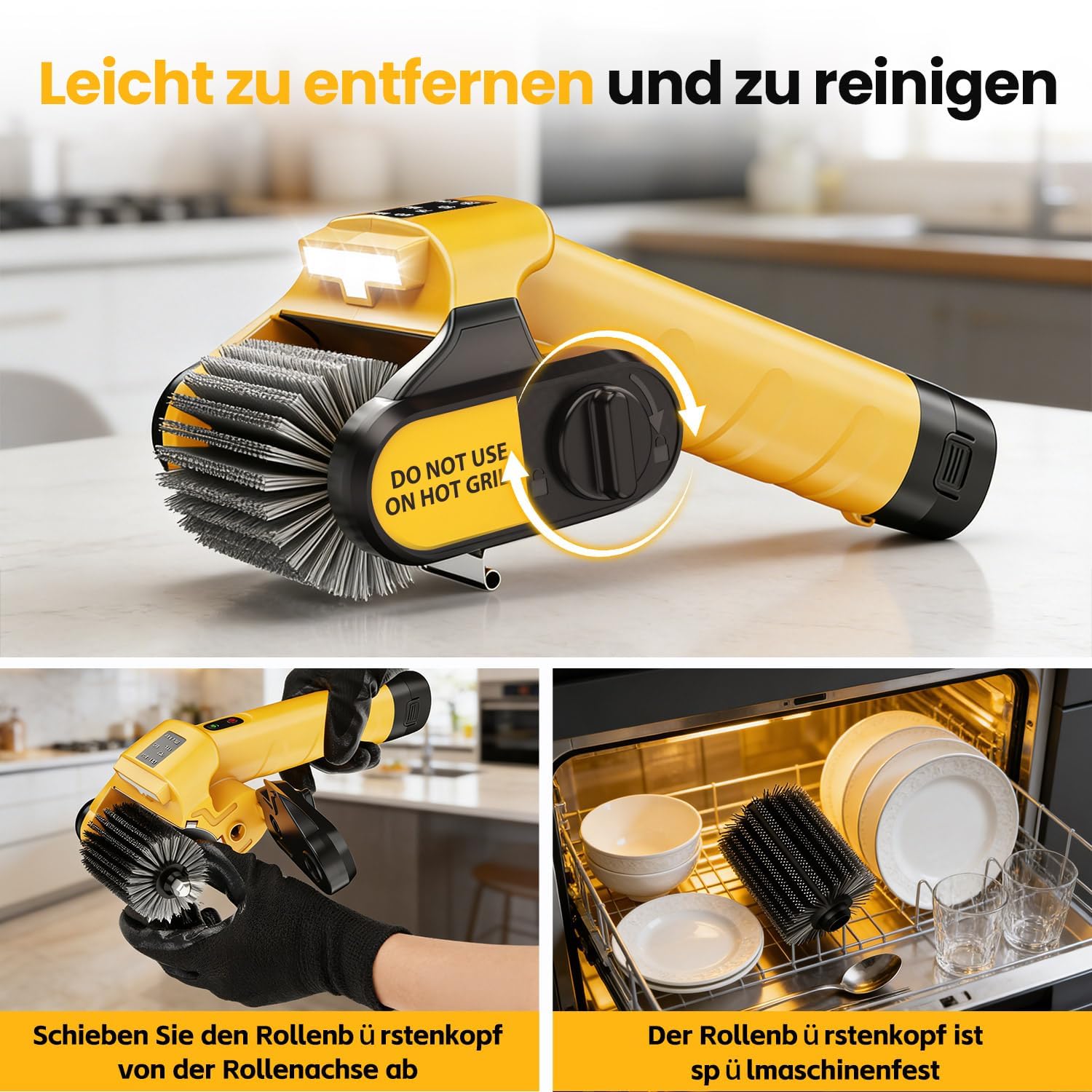 qimedo Elektrische Grillbürste BBQ Reiniger mit LED-Licht, 350 Min Laufzeit, Kabellos Grillreiniger Grill Reinigungsbürste mit 3 Stufen, für BBQ, Gussrost, Gasgrill, Elektrogrill