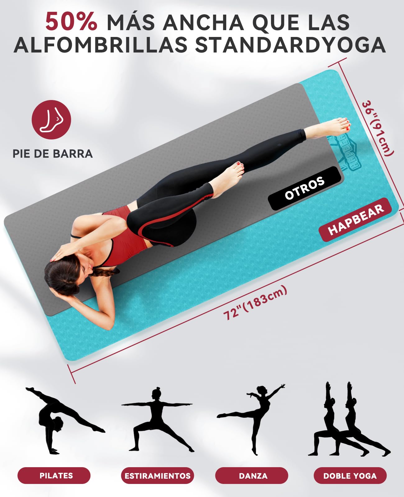 HAPBEAR Esterilla Yoga Grande - 183 cm x 91 cm x 6 mm, Esterilla de Ejercicio Antideslizante Extra Ancha para Entrenamiento en Casa, Incluye Bandas de Resistencia Extra y Bolsa de Transporte