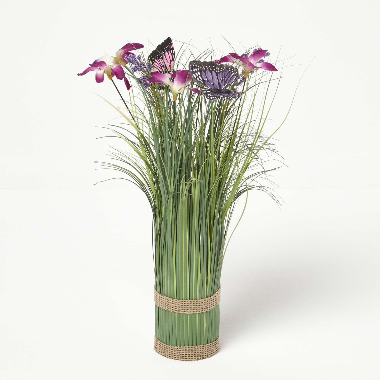 HOMESCAPES Artificial Meadow Flower Arrangement Purple Flower Butterflies & Wild Grass for Decorative Floral Display, 35 cm Tall
