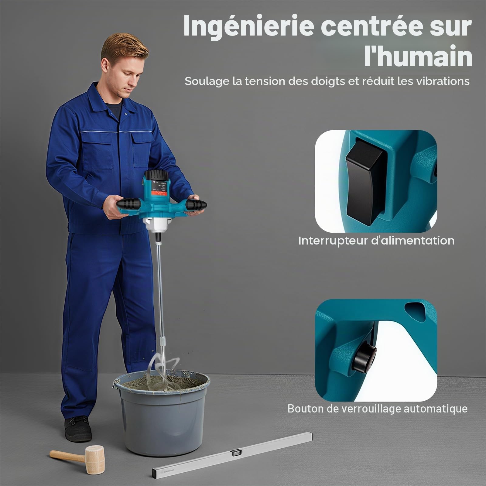 Mélangeur à Béton 2100W Mélangeur Électrique de Forage de Béton Réglable Vitesse M14 Portable Mélangeur de Mortier à Main pour Mélanger Peinture/Boue de Ciment/Béton/Mortier/Fourrage
