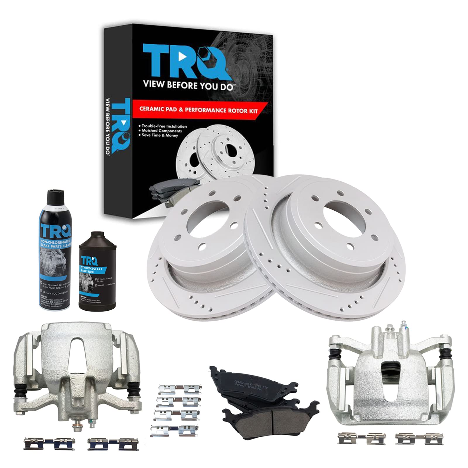 TRQ Rear Performance Brake Pad, Caliper, &amp; Rotor Kit, with Chemical Kit Ceramic Premium G-Coated Compatible with 2012-2016 Ford F-150