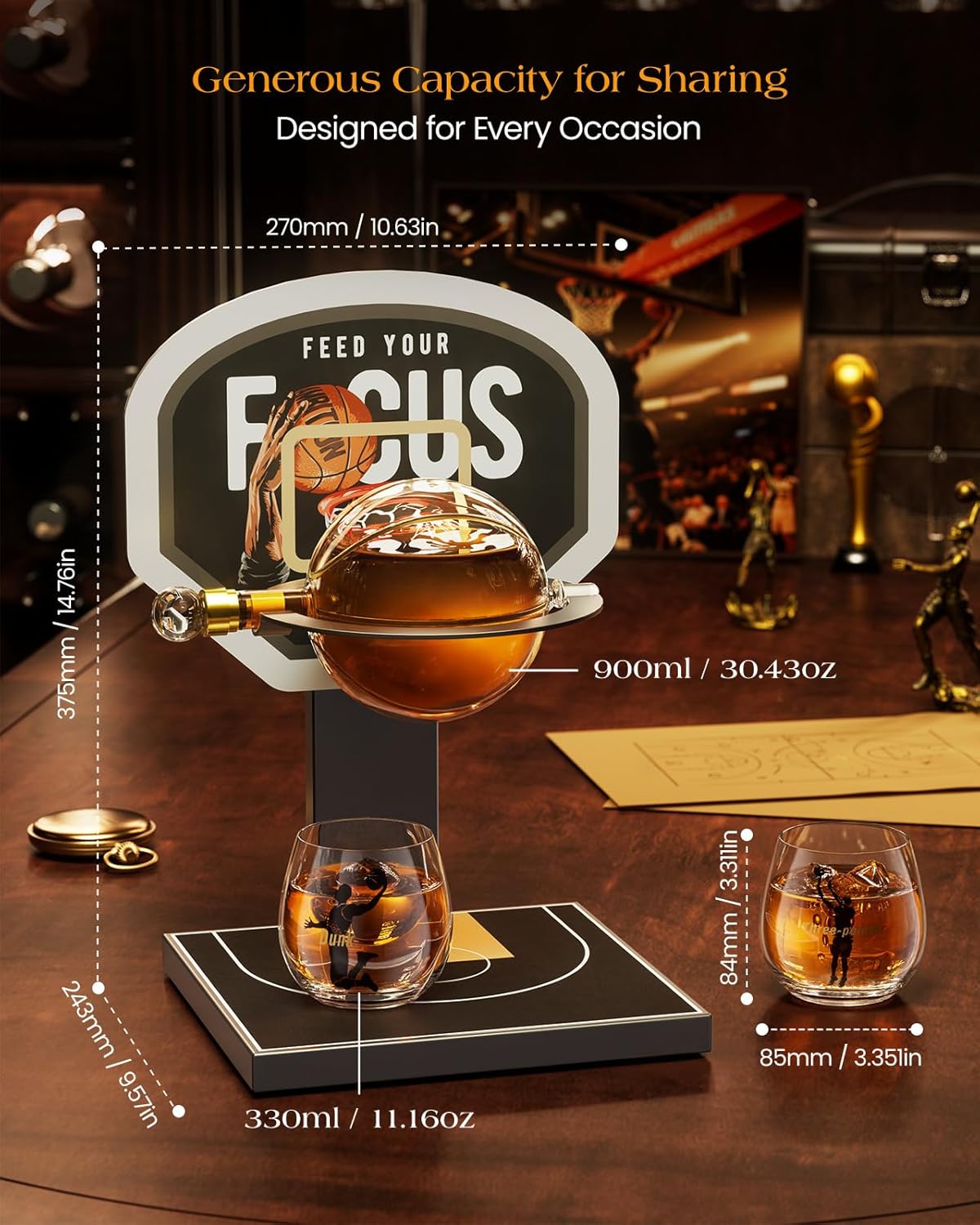 Kollea Basketball Whiskey Decanter Set with Black Court Stand & 2 Glasses, Stylish Liquor Decanter Gift for Men, Dad, Brother, Husband, Sports Lover - Birthday, Anniversary, Christmas, Retirement Gift - Image 8