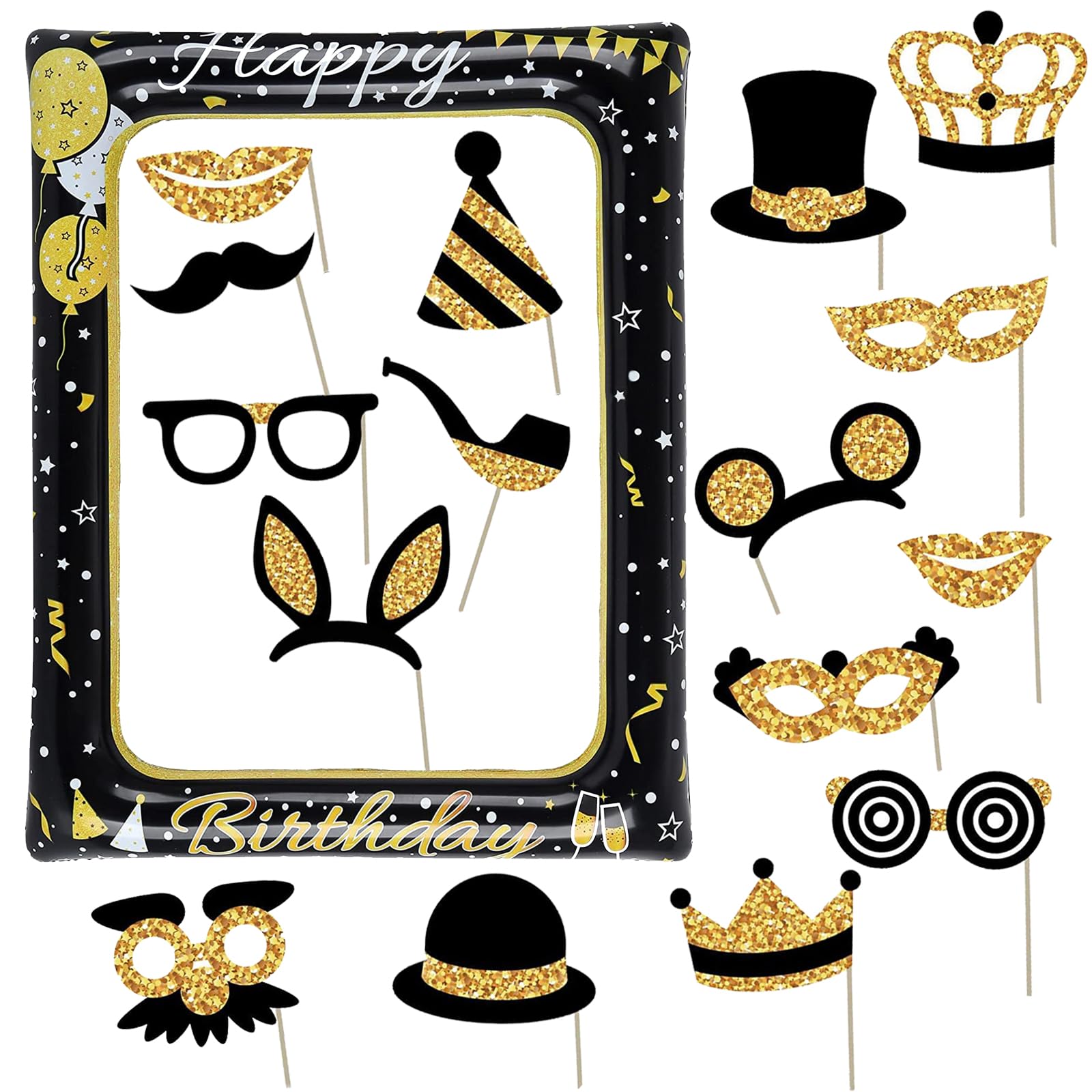 Cornice portafoto 17 pezzi, kit fotografico in oro nero, cornice gonfiabile, accessori inclusi per decorazione compleanno e feste